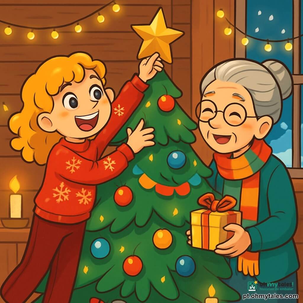 Uma menina de 10 anos, Clara, com cabelos loiros cacheados e olhos brilhantes de alegria, está decorando um pinheiro de Natal em uma sala acolhedora. Ela usa um suéter vermelho com padrões de flocos de neve e calças de veludo. Seu rosto irradia excitação e felicidade enquanto pendura uma estrela dourada no topo da árvore. Ao lado dela, uma senhora idosa, vizinha de Clara, com cerca de 70 anos, sorri com ternura. Ela tem cabelos grisalhos em um coque e usa um cachecol de lã multicolorido, segurando um pequeno presente que trouxe para a festa. A sala está decorada com guirlandas luminosas cintilantes, com paredes de madeira rústica e um grande pinheiro no centro, cercado por bolas coloridas e guirlandas de papel. Velas acesas espalham uma luz suave, criando uma atmosfera calorosa e festiva. Clara e a senhora idosa riem juntas, compartilhando memórias de Natal, enquanto a neve cai suavemente do lado de fora, cobrindo a paisagem com um manto branco. A atmosfera está cheia de magia e alegria, capturando o espírito do Natal.