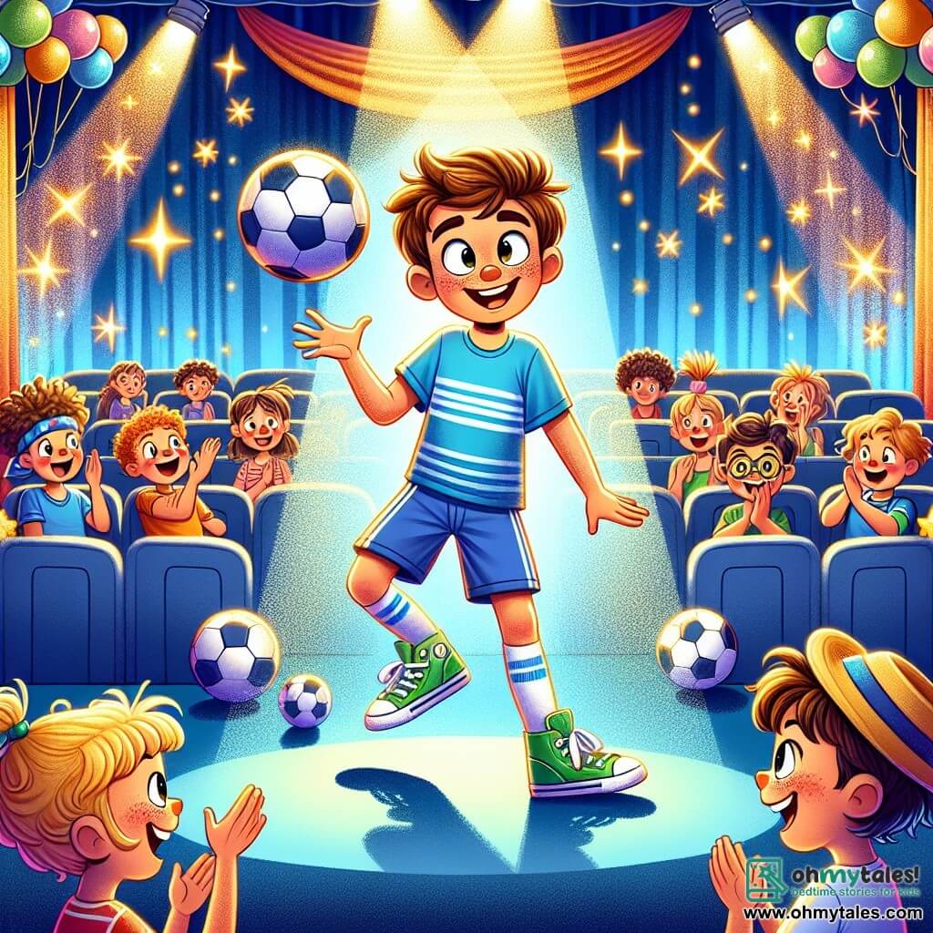 A 9-year-old boy, Oliver, stands on a talent show stage with a big smile on his face and excited eyes. He wears a blue t-shirt and shorts, confidently juggling a soccer ball. Nearby, his best friend Lily, a girl with curly hair and green sneakers, cheers him on with applause, while Jake, a boy wearing a slightly tilted hat, smiles and claps enthusiastically. The scene takes place in a large performance hall decorated with colorful balloons and sparkling garlands, with children sitting in chairs, eager to see the performances. Bright lights illuminate the stage, creating a festive and joyful atmosphere. The main situation shows Oliver performing a series of soccer tricks, surrounded by his friends who encourage him, while the audience applauds and laughs, creating a sense of camaraderie and celebration.
