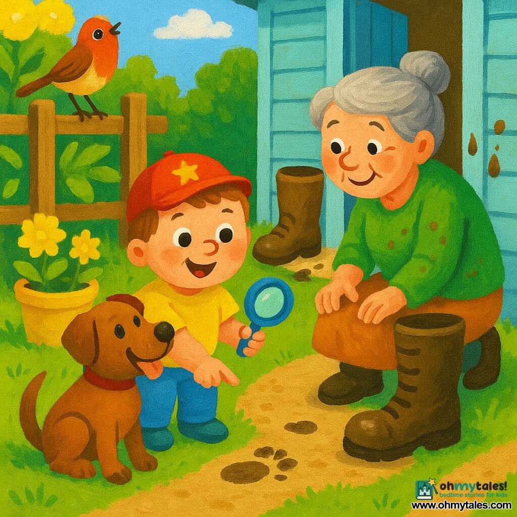 A small, round 4-year-old boy with light brown hair wears a red cap with a star, smiling curiously with bright wide eyes while holding a plastic magnifying glass and pointing at a mud track; Mrs. Green, about 60, with gray hair in a bun and a green blouse stained with dirt, crouches nearby smiling beside a large muddy boot in front of a garden shed; a short-haired brown dog named Poppy sits beside the boy with a muddy paw, tail wagging and watching the boot; a small red-and-orange bird, Mr. Robin, perches on the wooden fence nodding toward the direction; the sunny garden has green lawn, dirt paths, a light blue wooden shed, yellow flower pots, an open house door with mud splashes on the doorstep, and the scene shows the little investigation of mud prints, the muddy boot and a partially buried toy car in warm colors, thick paint textures and simple reassuring strokes.