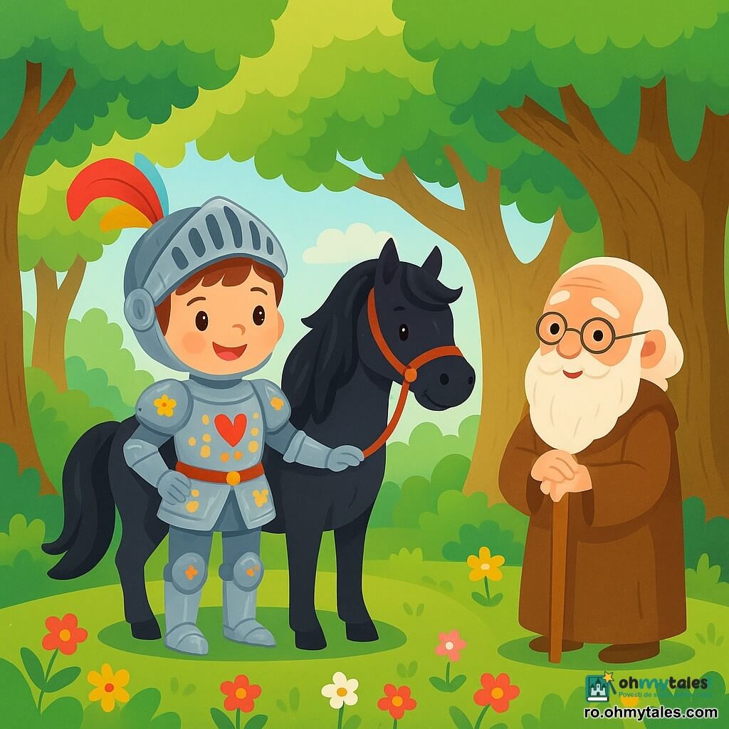 Un tânăr cavaler, Sir Luca, stă pe o mică colină, zâmbind cu ochii strălucind de bucurie. Poartă o armură strălucitoare, împodobită cu motive de flori și inimi, și un coif cu o pană colorată. Calul său, un splendid armăsar negru, se află lângă el, cu o coamă ondulată în vânt. Aproape de ei, un bătrân înțelept, cu o barbă lungă și albă și ochelari rotunzi, îl observă pe Sir Luca cu un zâmbet binevoitor. Poartă o robă simplă și ține un baston de lemn, stând lângă un stejar mare. Decorul este o pădure fermecată, cu copaci majestuoși și frunze verzi strălucitoare. Sir Luca se pregătește să se urce pe calul său pentru a pleca la aventură, cu inima plină de entuziasm, gata să descopere lumea dincolo de colină.