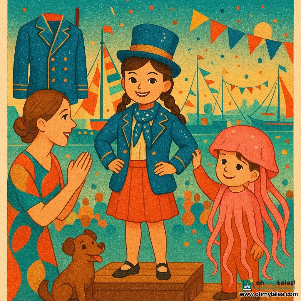 A proud smiling 6-year-old girl with brown pigtails wears a sparkling blue captain’s jacket and a starry scarf, standing confidently on a small wooden stage with hand on hip; to her left her mother in a colorful dress with light brown hair tied leans in and applauds; a shy 5-year-old boy dressed as a pink jellyfish with long ribbons stands by while she adjusts her hat; a small brown short-haired dog sits at the foot of the stage panting happily; in the background a festive harbor shows boats with masts draped in multicolored garlands, striped flags and bunting, a stylized crowd and confetti, and a large sequined captain’s coat hangs atop a mast or flagpole by the water, glittering in the sun; bright turquoise, coral, gold and pink colors, strong contrasts, geometric Art Deco shapes, slight grainy texture and a metallic sheen on the jacket.