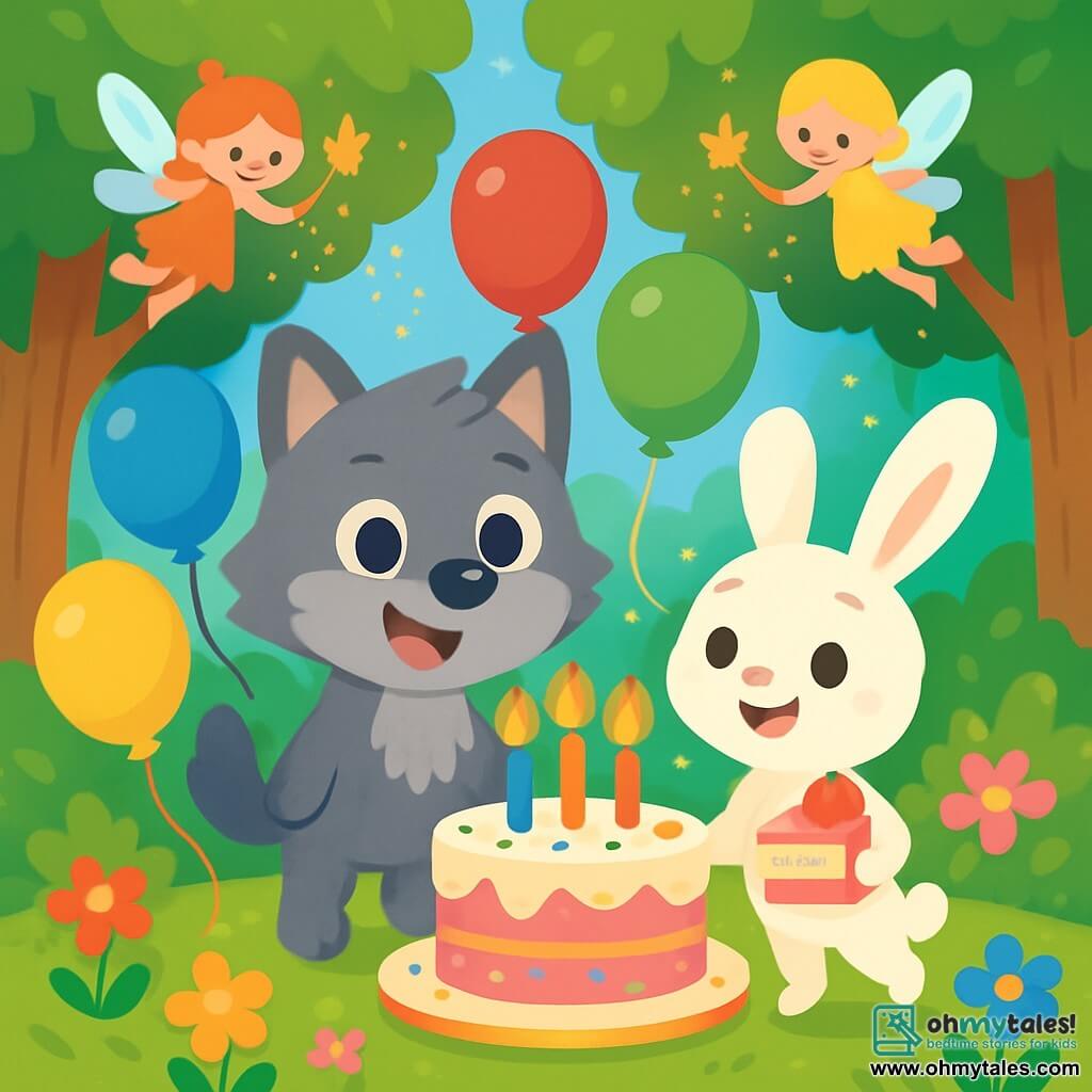 Lenny, a small gray wolf with soft fur and big sparkling eyes, stands in the center of the scene, a big smile on his face, surrounded by colorful balloons. Next to him, Bella, an adorable little bunny with long white ears and a look of wonder, holds a slice of cake decorated with strawberries, hopping with joy. In the background, shimmering fairies with shiny wings float around, scattering golden glitter in the air, adding a touch of magic to the party. The setting is an enchanted forest with majestic trees and vibrant green leaves, and multicolored flowers dancing in the gentle breeze. The scene shows Lenny and his friends celebrating his birthday, surrounded by laughter, games, and immense joy, with a large festive cake at the center, illuminated by sparkling candles.