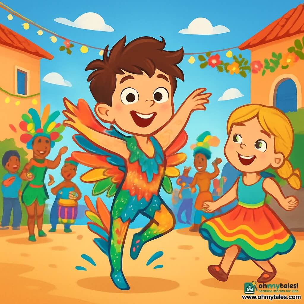 An 8-year-old boy, Leo, with messy brown hair and sparkling joyful eyes, dances enthusiastically under a bright blue sky. He wears a flamboyant costume adorned with multicolored feathers and shimmering sequins, and his face radiates excitement. Next to him, a 7-year-old girl, Ana, with braided blonde hair and freckles, smiles encouragingly, dressed in a colorful dress that twirls as she dances. In the background, a group of dancers in vibrant, cheerful costumes moves to the rhythm of the music, creating a festive atmosphere. The scene takes place on a lively street decorated with twinkling lights and tropical flowers, with smiling spectators applauding and dancing to the sound of drums. The moment captures Leo performing the Flamingo Float dance step, floating gracefully and happily, surrounded by bright colors and contagious joy.