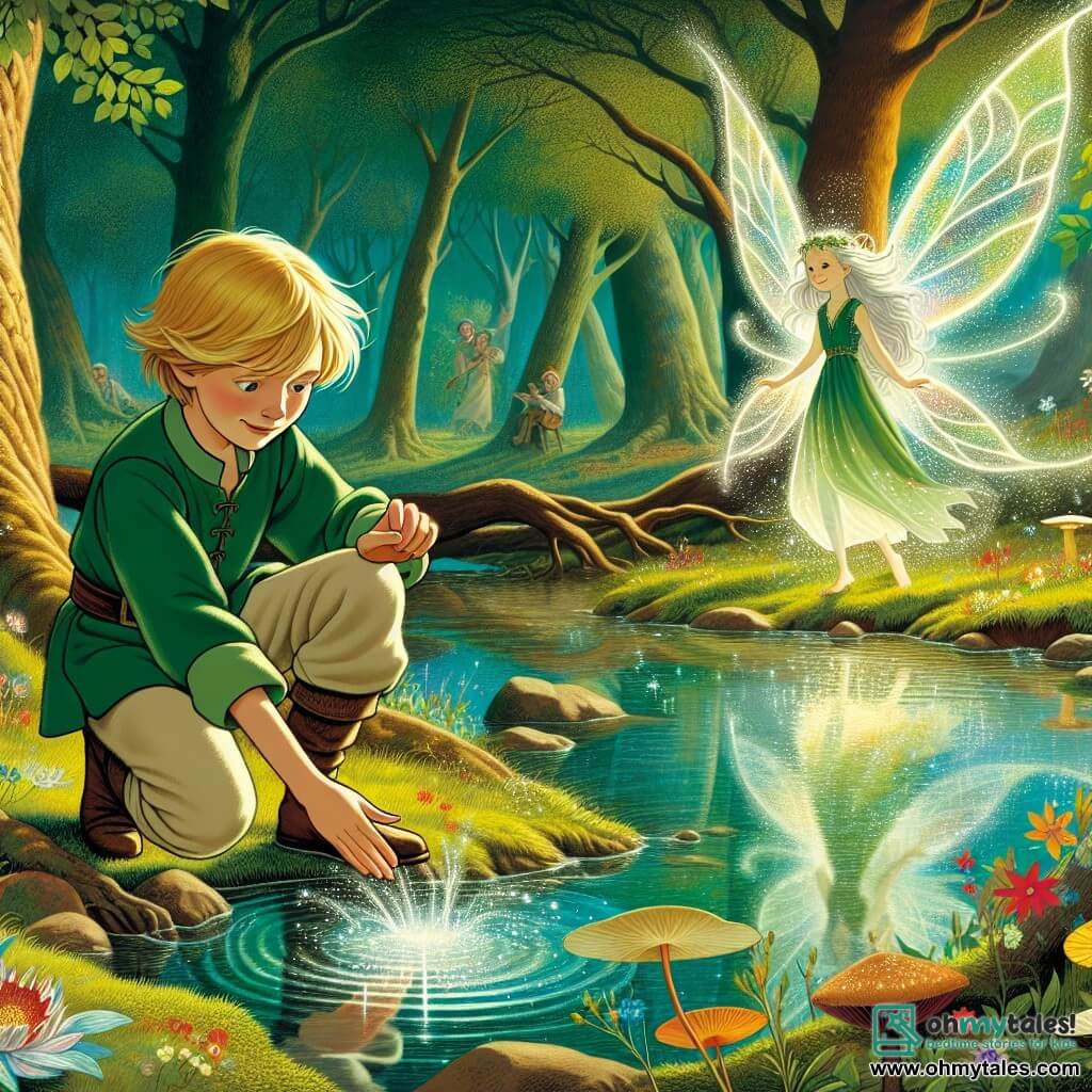 A young boy named Oliver, around 10 years old, stands by a sparkling stream, his eyes shining with curiosity and wonder. He has tousled golden-blond hair and wears a green tunic with beige canvas pants. He crouches with his hands in the water, captivated by the shimmering reflections on the surface. Nearby, a small water fairy named Lira, with translucent, sparkling wings, hovers above the stream. She has silver hair and wears a dress made of flower petals. She mischievously smiles at Oliver, encouraging him to discover the magic of the place. The setting is an enchanted forest, where tall, gnarled trees rise toward the sky, their bright green leaves filtering sunlight. Colorful flowers and oddly shaped mushrooms dot the ground, while a light magical mist floats in the air, adding a touch of mystery. The main scene shows Oliver discovering the enchanted stream, where he has just met Lira, the fairy, who tells him about the wonders of the forest and the magic surrounding it.