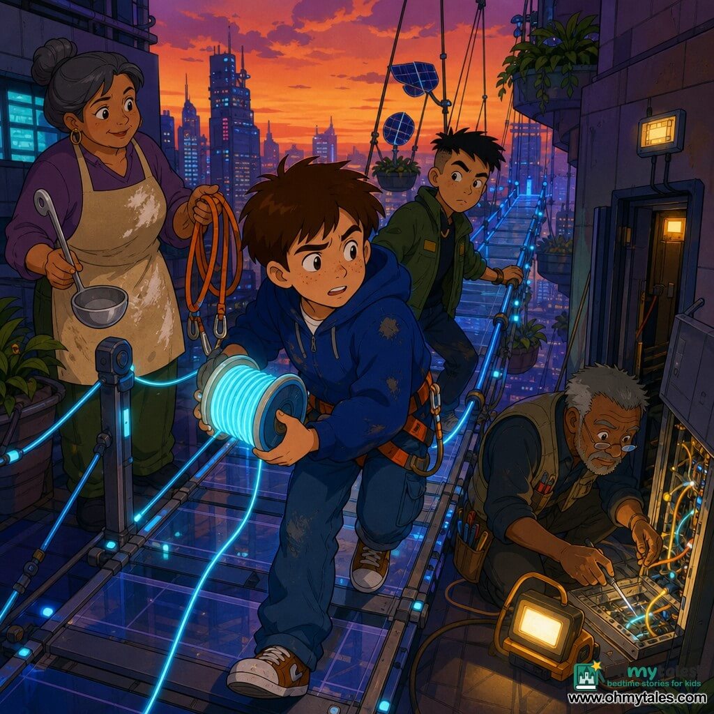 A 12-year-old boy with a round freckled face, short tousled chestnut hair and a determined, slightly anxious expression, wide bright eyes, wearing a worn blue hoodie, jeans and an orange safety harness around his waist, holding a spool of fluorescent rope and looking up while walking on an aerial walkway; Auntie Rina, about 40, warm-faced with gray hair in a bun and a flour-stained apron, stands at the ramp entrance holding a large ladle and two orange safety lines, encouraging the boy; Jax, about 13, with shaved sides and black hair, a green jacket and confident but worried posture, walks just behind with his hand on the metal railing; Mr. Olo, about 60, short gray beard and a tool-filled jacket, crouches by an open technical panel on the walkway lit by a small portable lamp, inspecting sparkling cables; the setting is an aerial walkway between rooftop gardens in a futuristic city with wide glass and metal planks, hanging plant troughs, petal-shaped solar panels, ropes and blinking blue light rails, glass-faced skyscrapers and an orange twilight sky; the main situation: an urgent repair and human coordination as guide lights flicker and the team works to secure the passage and restore a safety panel on the roof access door, tense but supportive atmosphere with strong contrasts between dark walkway areas and warm portable lamps.