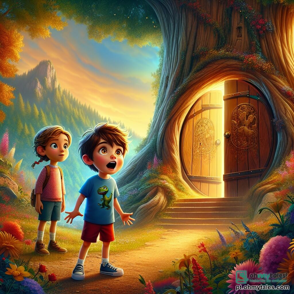 Um menino de 6 anos, Lucas, com cabelos castanhos bagunçados e olhos brilhantes de curiosidade, está em frente a uma grande porta de madeira no tronco de uma imensa árvore. Ele usa uma camiseta azul com um desenho de dinossauro e um short vermelho, e seu rosto expressa grande empolgação e um toque de apreensão. Ao seu lado, sua melhor amiga Sofia, uma menina de 6 anos com cabelos loiros trançados e um vestido rosa de bolinhas, olha para a porta com admiração, as mãos nas bochechas. O lugar é um parque mágico, cheio de flores coloridas e árvores majestosas, onde uma luz dourada filtra através das folhas, criando uma atmosfera encantadora. A cena acontece ao pé de uma colina, onde a porta da árvore parece levar a um mundo secreto. Lucas e Sofia se preparam para entrar no túnel misterioso que os aguarda atrás da porta, com os corações batendo de emoção pela aventura que os espera neste reino escondido.