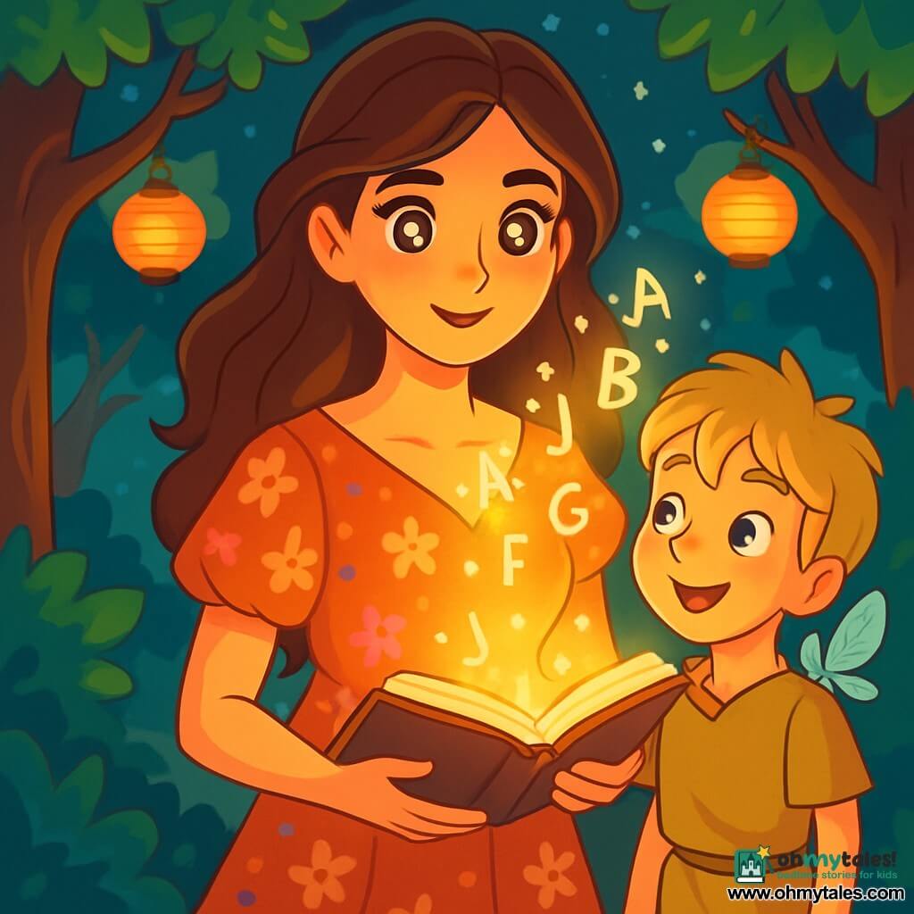 A woman named Elara, about 25 years old, stands at the center of the image with long wavy chestnut hair and star-like bright eyes. She wears a flowing light fabric dress adorned with floral patterns, and her face expresses determination and gentleness. She holds an open book in her hands, surrounded by a golden light that illuminates her face. Next to her, an 8-year-old boy with messy blond hair and a curious smile gazes in wonder at the book. He wears a simple tunic and canvas pants. A small silver butterfly rests on his shoulder, adding a touch of magic to the scene. The setting is an enchanted forest, where thick, gnarled trees have leaves that shine a vibrant green under the twilight light. Floating lanterns illuminate the path, creating a warm and welcoming atmosphere. The main scene shows Elara reading aloud glowing words that rise from the book, forming sparkling letters in the air. The boy listens attentively, captivated by the magic of the words dancing around them, while the butterfly joyfully flutters in the light.