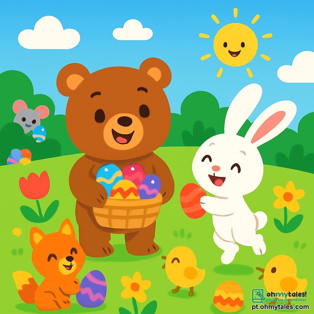 Um adorável urso de pelúcia chamado Tico, com pelagem marrom macia e olhos brilhantes de alegria, está no centro do jardim, sorrindo entusiasticamente enquanto segura uma pequena cesta cheia de ovos de Páscoa coloridos. Ao lado dele, uma coelhinha charmosa chamada Lola, com pelagem branca brilhante e grandes orelhas rosas, salta de felicidade, segurando um ovo vermelho brilhante com suas patas dianteiras. O jardim está repleto de flores vibrantes, como tulipas vermelhas, narcisos amarelos e violetas, enquanto o sol brilha em um céu azul claro, criando uma atmosfera alegre e festiva. Tico e Lola estão cercados por amigos animais, todos rindo e brincando, enquanto descobrem ovos escondidos entre os arbustos. A cena irradia felicidade e camaradagem, cheia da magia da Páscoa.
