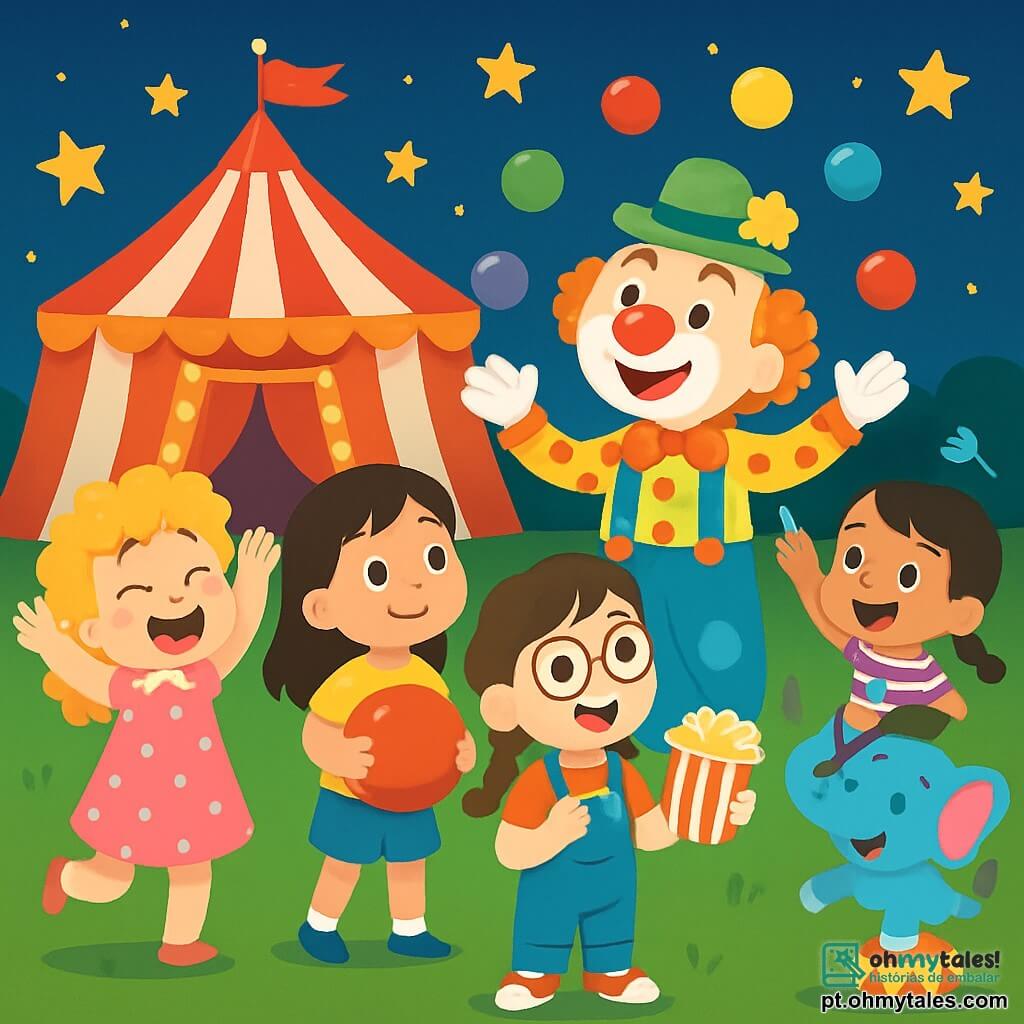 Há 4 crianças: - Lili: uma menina de 4 anos com cabelos cacheados e loiros, vestindo um vestido rosa com bolinhas brancas. Ela está rindo, com os braços levantados, em frente ao picadeiro do circo. - Duda: uma menina de 4 anos com cabelos castanhos e lisos, vestindo uma camiseta amarela e um short azul. Ela segura um grande balão vermelho e observa o palhaço com admiração. - Bia: uma menina de 4 anos com cabelos negros e uma pequena trança, vestindo uma saia roxa e uma camiseta listrada. Ela está sentada nos ombros de Juju, apontando para o elefante que dança. - Juju: uma menina de 4 anos com cabelos castanhos e óculos redondos, vestindo um macacão de denim. Ela sorri segurando um balde de pipoca, em pé ao lado de Bia. O local é um circo vibrante, com um grande picadeiro listrado em vermelho e branco, cercado por luzes cintilantes. Estrelas douradas brilham no céu noturno, e animais coloridos se movem ao redor das crianças. A cena principal mostra as quatro amigas maravilhadas diante de um palhaço engraçado com um nariz vermelho e sapatos gigantes, que faz malabarismos com bolas coloridas. As crianças riem e aplaudem, cheias de alegria e empolgação.
