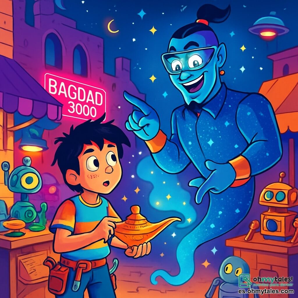 Aladino, un niño de 12 años con cabello negro desordenado y ojos brillantes de curiosidad, se encuentra frente a una lámpara antigua, luciendo maravillado y un poco inquieto. Lleva una camiseta futurista de colores vivos y pantalones de tela, con herramientas de bricolaje colgadas de su cinturón. A su lado, el Genio, una criatura azul brillante con una sonrisa radiante, flota en el aire, vestido con un traje brillante y gafas futuristas, rodeado de pequeñas estrellas brillantes. La escena tiene lugar en un bazar antiguo de Bagdad 3000, donde coloridos puestos de gadgets futuristas se mezclan con ruinas de antiguas edificaciones, todo bajo un cielo estrellado iluminado por neones. Aladino frota la lámpara polvorienta, y una nube de luz escapa, revelando al Genio, listo para conceder deseos, mientras robots curiosos se acercan para observar la magia que se desarrolla.