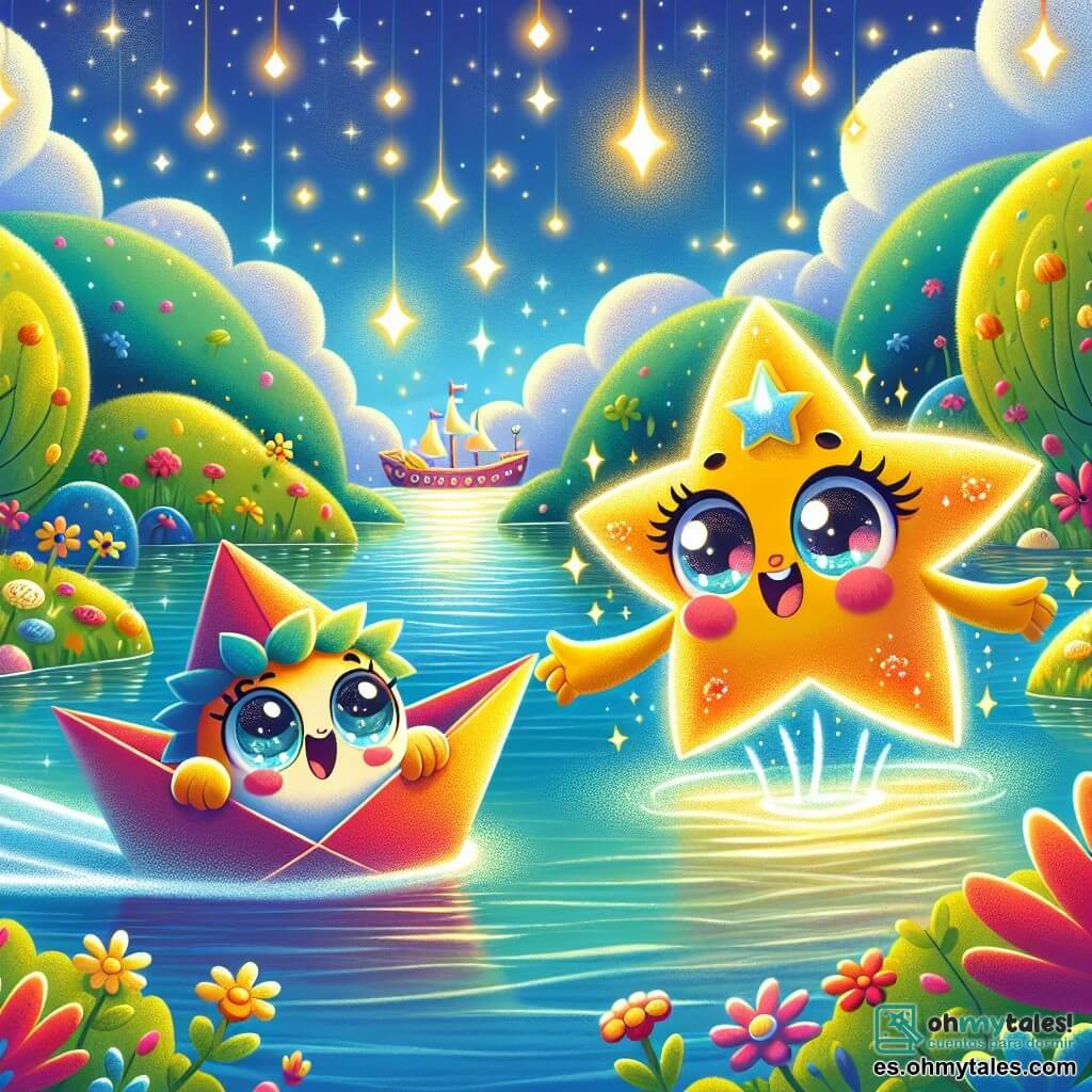 Barquito, un pequeño barco de papel de colores brillantes, navega alegremente por un lago resplandeciente, con sus velas blancas ondeando al viento. Tiene ojos redondos y chispeantes, llenos de emoción y determinación, mientras avanza hacia la misteriosa Isla de los Sueños. Marina, una estrella brillante con brazos centelleantes, flota sobre Barquito, su rostro radiante de alegría y esperanza. Le extiende una mano estrellada, lista para ayudarlo en su búsqueda. El lago está rodeado de colinas verdes, salpicadas de flores coloridas, y el cielo es de un azul brillante, con algunas nubes esponjosas. Al fondo, se vislumbra la silueta mágica de la Isla de los Sueños, con árboles de hojas doradas y luces centelleantes. La escena principal muestra a Barquito y Marina juntos, listos para contar chistes a los animales de la isla para devolver la magia y la alegría, mientras risas resuenan a su alrededor, iluminando el paisaje con una atmósfera festiva y encantada.