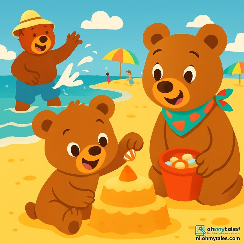 Een kleine bruine beer genaamd Bram, met een zachte vacht en sprankelende ogen van vreugde, zit op het gouden zand en bouwt een grote zandtaart. Hij glimlacht breed, zijn poten vol zand, terwijl hij een kleine schelp als versiering toevoegt. Naast hem kijkt zijn mama, een lichtbruine beer met een mooie kleurrijke sjaal om haar nek, trots toe en glimlacht terwijl ze hem aanmoedigt. Ze houdt een emmer vol glanzende schelpen vast. Verderop speelt zijn papa, een stevige beer met een rieten hoed, met water terwijl hij met Bram speelt en vrolijk lacht. De locatie is een zonnig strand, met zachte golven die de kust kussen, kleurrijke parasols en kinderen die verderop spelen. De lucht is blauw met donzige witte wolken. De hoofdscène toont Bram, helemaal opgewonden, terwijl hij zijn zandtaart maakt, omringd door zijn gezin, genietend van een mooie zomerdag op het strand.