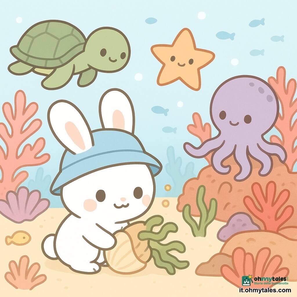 Un piccolo coniglio bianco dalle grandi orecchie e sorriso timido, con un cappellino blu bagnato e una grande conchiglia, raccoglie dolcemente alghe vicino a un corallo luminoso; dietro di lui una stella marina aranciata lo guida con lo sguardo, una tartaruga marina verde osserva da sinistra e un polpo viola su una roccia spinge le alghe da un angolo; il fondale è un giardino di coralli colorati con anemoni e banchi di pesci, scena calma e luminosa in cui gli amici aiutano il coniglio a liberare un corallo malato.