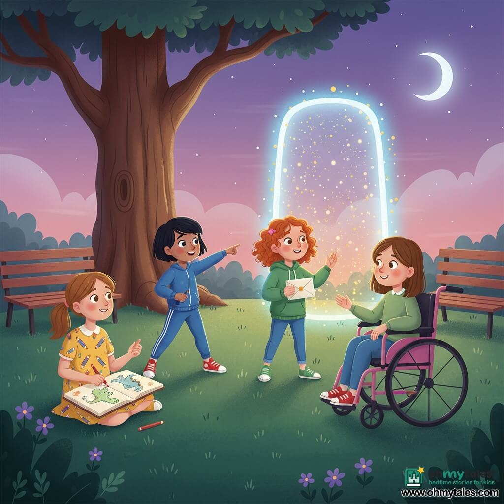 Four girls stand in a twilight park before a large glowing, starry portal: Lucy, 9, light brown hair in two braids, wearing a yellow dress with crayon patterns, seated left with a large sketchbook drawing a dinosaur in red pencil; Mia, 8, short black hair, blue sportswear and red sneakers, standing center-left in a dynamic pose pointing to the horizon; Zoe, 8, curly red hair, green hoodie and jeans, center-right holding a shiny envelope and staring at the portal wide-eyed; Ellie, 9, straight brown hair, purple jacket, seated in a modern pink wheelchair on the right, smiling and reaching toward the enormous luminous door. The scene is a twilight park with deep green grass, a large oak with rough bark, wooden benches, small mauve flowers in the foreground, and a purple-pink gradient sky with a silver moon; the portal floats, sparkling with golden particles and a soft blue halo, the girls forming a semicircle with expressions of wonder and adventure, vivid colors, smooth textures and soft shadows for a childlike magical feel.
