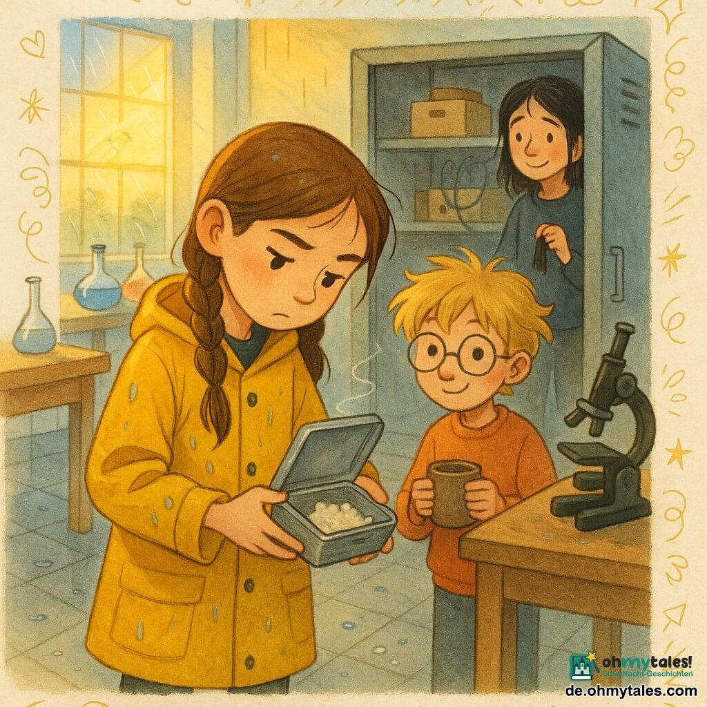 Die Protagonistin, ein 12-jähriges Mädchen mit konzentriertem, neugierigem Blick, leicht zusammengezogenen Augenbrauen und braider Strähne, trägt eine gelbe, regennasse Jacke und hält eine geöffnete kleine Metallbox mit weißen Krümeln, ein etwa gleichaltriger Junge mit zerzausten blonden Haaren und runden Brillen steht rechts hinter ihr mit einem Kakaobecher, eine ebenfalls etwa 12-jährige nasse Schwarzhaarige wirkt verlegen, hält ein Stück schwarzen Band und steht schuldhaft neben einem großen offenen Metallschrank; die Szene spielt in einem hellen Schul-Labor mit abgenutzten Holztischen, Glasflaschen, Mikroskopen, einem offenen Schrank voller Kartons und Kabeln und einem grauen, leicht tropfnassen Fliesenboden, sie entdecken eine im Schrank versteckte Wetterstation, Sonnenstrahlen nach dem Gewitter dringen durchs Fenster, warme Farbakzente (Gelb, Orange) und kleine Doodle-Überlagerungen (Pfeile, Lupe, stilisierte Wolken) ergänzen die Stimmung.