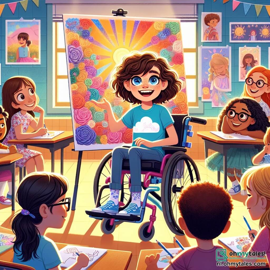In het midden van de afbeelding zit Lotte, een 10-jarig meisje, glimlachend en vol leven, in haar mooie kleurrijke rolstoel. Ze heeft kort, krullend haar en draagt een blauwe t-shirt met een wolk-tekening. Haar ogen stralen van opwinding terwijl ze een grote poster aan haar klasgenoten toont. Rechts van haar is Sophie, een 10-jarig meisje met ronde bril en lange bruine haren, die aan het tekenen is in een schrift. Ze draagt een bloemenjurk en glimlacht terwijl ze naar Lotte kijkt, vol bewondering. Op de achtergrond staan verschillende kinderen van de school, tussen de 9 en 11 jaar, om hen heen verzameld, gefascineerd door de kleurrijke poster die inspirerende verhalen over handicap presenteert. De locatie is een lichte klaslokaal, met muren versierd met kindertekeningen en ramen die zonlicht binnenlaten. Tafels zijn in een cirkel opgesteld, en een grote poster aan het bord toont het thema van de tentoonstelling. De hoofdscène laat Lotte en Sophie zien die enthousiast hun project delen, terwijl de andere kinderen aandachtig luisteren, wat een sfeer van kameraadschap en inspiratie creëert.