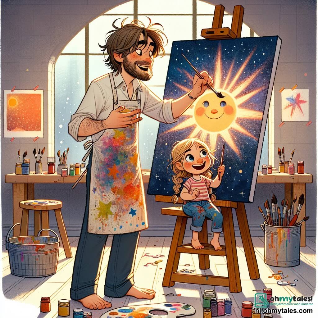 Max, een man van dertig met rommelig bruin haar en een lichte baard, glimlacht vrolijk terwijl hij een kwast in zijn hand houdt. Hij draagt een kleurrijke, met verf bespatte schort en staat voor een groot schilderij dat een sterrennacht voorstelt, met sprankelende ogen vol creativiteit. Naast hem staat Lotte, een zevenjarig meisje met lange, gevlochten blonde haren en glinsterende nieuwsgierige ogen, die een grote, lachende zon op een doek schildert. Ze staat op een klein trapje, geconcentreerd, met verfspatten op haar wangen en kleurrijke t-shirt. De ruimte is een heldere werkplaats, gevuld met doeken aan de muren, felle verfpotten en verspreide penselen op een houten tafel. Het zonlicht valt door een groot raam en verlicht de creatieve en warme ruimte. De hoofdscène toont Max en Lotte die samen werken aan een kunsttentoonstelling, omringd door hun kleurrijke werken, terwijl ze lachen en momenten van vreugde delen, klaar om bezoekers te verwelkomen die verwonderd zijn door hun creativiteit.