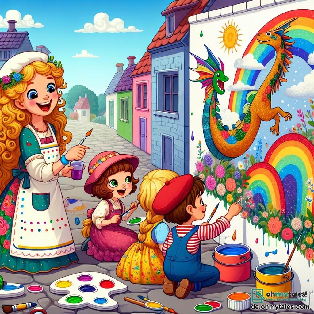 Mia, eine fröhliche Frau mit langen, lockigen, goldenen Haaren, trägt eine bunte, mit Farbe bespritzte Schürze. Sie lächelt begeistert, hält einen Pinsel in einer Hand und zeigt den Kindern mit der anderen, wie man Farben mischt. Tim, ein etwa 8-jähriger Junge mit einer süßen kleinen braunen Haarsträhne und einer roten Mütze, malt einen großen fliegenden Drachen an die Wand, seine Augen leuchten vor Aufregung. Anna, ein 7-jähriges Mädchen mit Zöpfen und einem Blumenkleid, konzentriert sich auf ihren wunderschönen Regenbogen, ihre Wangen sind vor Begeisterung gerötet. Die Szene findet vor einer großen weißen Wand in einem sonnigen Dorf statt, umgeben von bunten Häusern und blühenden Gärten. Die Kinder sitzen auf dem Boden mit Pinseln in der Hand, während bunte Farbtöpfe um sie herum verstreut sind. Mia und die Kinder schaffen gemeinsam ein wunderschönes Wandgemälde, das die Wand mit ihren Träumen und Ideen füllt, in einer Atmosphäre von Freude und Kreativität.