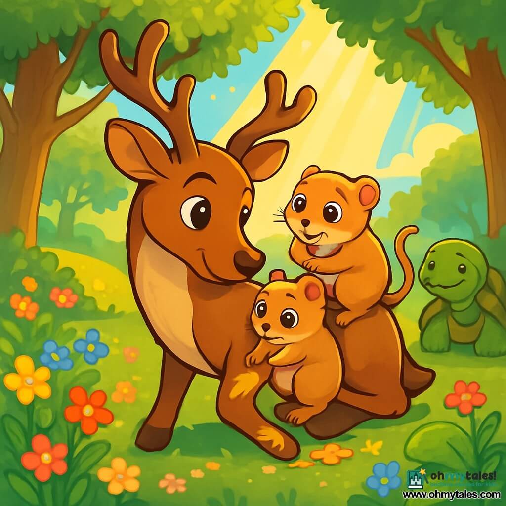 A young reindeer with soft brown fur and delicate large antlers, with bright empathetic eyes, stands at the center of the scene, gently leaning towards a small dormouse with round, shiny eyes, nestled on its back, showing a look of relief. The dormouse, with its silky fur and tiny paws, gazes at the reindeer with gratitude. The setting is an enchanted meadow bathed in golden light, dotted with colorful wildflowers and surrounded by majestic trees with lush green leaves. In the distance, a wise old turtle, with a moss-covered shell, observes the scene with a benevolent smile. The main situation shows the reindeer helping the injured dormouse by applying golden leaves to its paw, while rays of sunlight filter through the branches, creating a magical and soothing atmosphere.