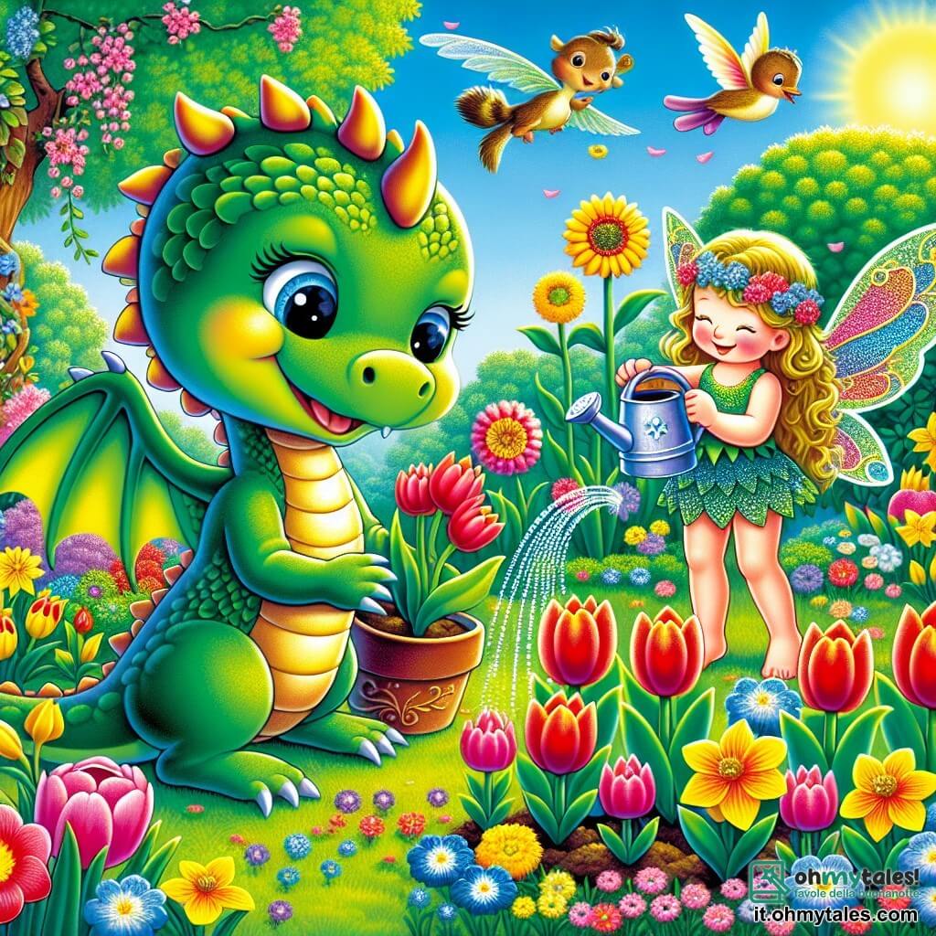 Un piccolo drago dalle scaglie verdi brillanti, con grandi occhi lucenti e un sorriso gioioso, sta piantando fiori colorati in un giardino soleggiato. Accanto a lui, una fata dalle ali scintillanti e dai capelli dorati, vestita con un abito di petali, sorride benevolmente mentre tiene un annaffiatoio magico, pronta ad annaffiare i fiori. Il giardino è pieno di fiori dai colori vivaci: tulipani rossi, narcisi gialli e fiordalisi, circondati da una lussureggiante vegetazione. Gli uccelli cantano sugli alberi, e un cielo blu chiaro illumina la scena. Il piccolo drago e la fata lavorano insieme con entusiasmo per creare un magnifico giardino primaverile, riempiendo l'aria di gioia e magia.