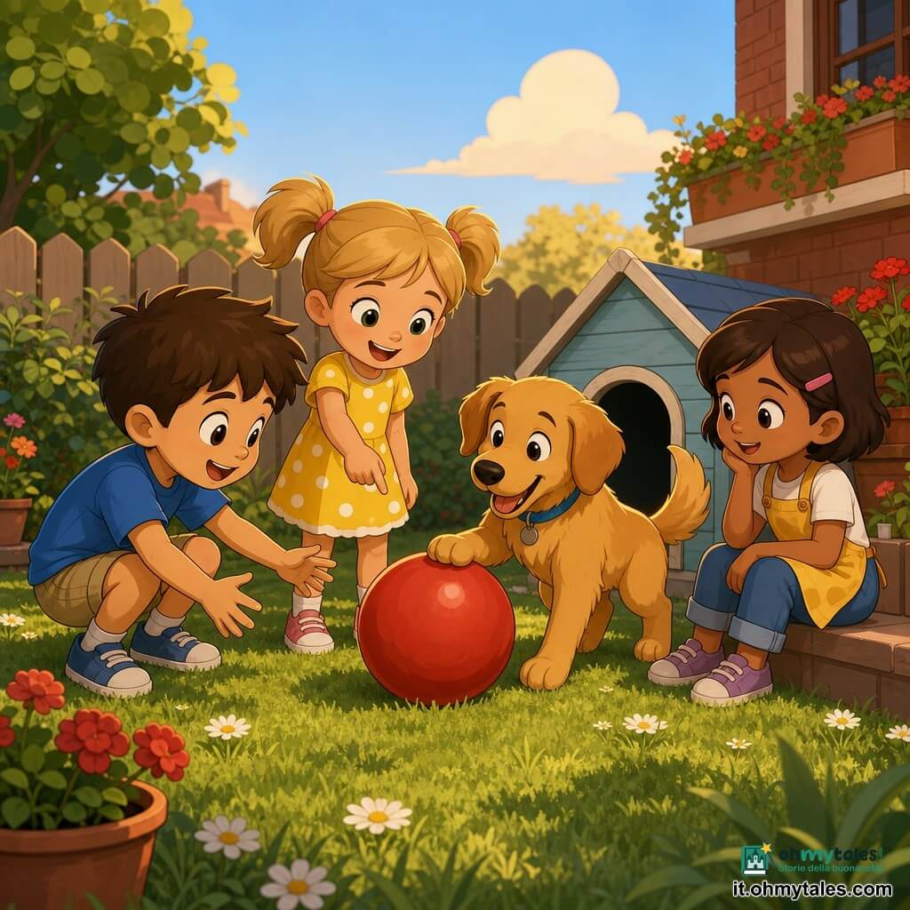 Ci sono quattro personaggi: Luca, bambino di ~6 anni, capelli castani spettinati, maglietta blu e pantaloncini kaki, accovacciato a sinistra mentre tende la mano verso una grande palla rossa; Mia, bambina di ~5 anni, capelli biondi in due code, vestito giallo a pois bianchi, al centro in piedi che sorride e indica la palla; Sara, bambina di ~5 anni, capelli castano corti, piccolo grembiule giallo, a destra seduta su un gradino che guarda curiosa; Charlie, cane di taglia media dal pelo dorato, davanti a una cuccia di legno azzurra con la zampa sulla palla. Ambientazione: piccolo giardino di quartiere soleggiato con prato verde e margherite, cuccia azzurra, vasi di fiori rossi, basso recinto e balcone in mattone; texture semplici, erba morbida, legno venato, cielo azzurro con una nuvola. Situazione: i bambini ritrovano la grande palla rossa vicino alla cuccia del cane, espressioni di gioia e scoperta, composizione chiara a semicerchio attorno alla palla, colori vivaci e luce calda serale per un'atmosfera rassicurante.