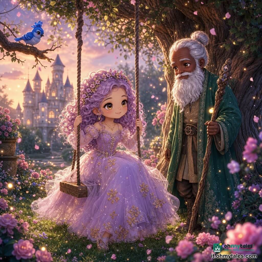 Principessa (circa 12 anni): giovane sorridente dai lineamenti dolci, viso rotondo, occhi ambrati, capelli lilla ricci, vestito di tulle color prugna con piccole decorazioni dorate, corona di fiori, seduta su un'antica altalena di legno che oscilla lentamente tenendo le corde; Saggio (uomo, circa 70 anni): uomo anziano con lunga barba bianca e capelli legati, mantello verde smeraldo consumato, in piedi accanto a una grande quercia, sguardo benevolo, tiene un bastone intagliato osservando la principessa; Uccellino blu: piccolo uccello azzurro acceso su un ramo vicino, piume lucenti e sguardo curioso; Luogo: giardino segreto del castello al crepuscolo, prato morbido cosparso di piccole fiori rosa, alberi secolari con tronchi rugosi, raggi dorati filtrano tra le foglie, petali che fluttuano; Situazione: la principessa ridà vita all'altalena dimenticata facendola oscillare dolcemente in un momento pacifico e luminoso, atmosfera magica e soffice con colori pastello e dettagli adorabili.