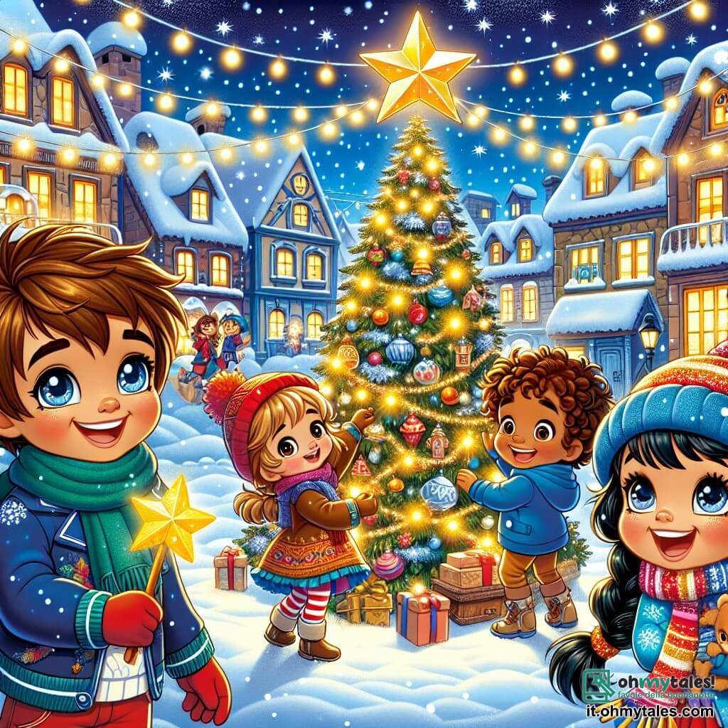 In una città incantevole e innevata, quattro bambini si trovano al centro di una piazza illuminata da luci scintillanti. Marco, un ragazzo di 10 anni con i capelli castani e gli occhi vivaci, sorride tenendo una grande stella dorata. A sinistra, Giulia, una ragazza di 9 anni con i capelli biondi ricci e un berretto rosso, appende decorazioni su un grande albero di Natale. A destra, Luca, un ragazzo di 10 anni con occhiali rotondi e capelli castani, ride mentre tiene una ghirlanda luminosa. Infine, Sara, una ragazza di 8 anni con trecce nere e un cappotto blu, danza felicemente attorno all'albero, avvolta in una sciarpa colorata. La scena si svolge in una piccola città magica, con case coperte di neve e un enorme albero di Natale che brilla, circondato da piccoli elfi e abitanti gioiosi. I bambini decorano l'albero con luci colorate e ornamenti brillanti, creando un'atmosfera festosa mentre la neve cade dolcemente attorno a loro, aggiungendo un tocco di magia a questa meravigliosa celebrazione di Natale.