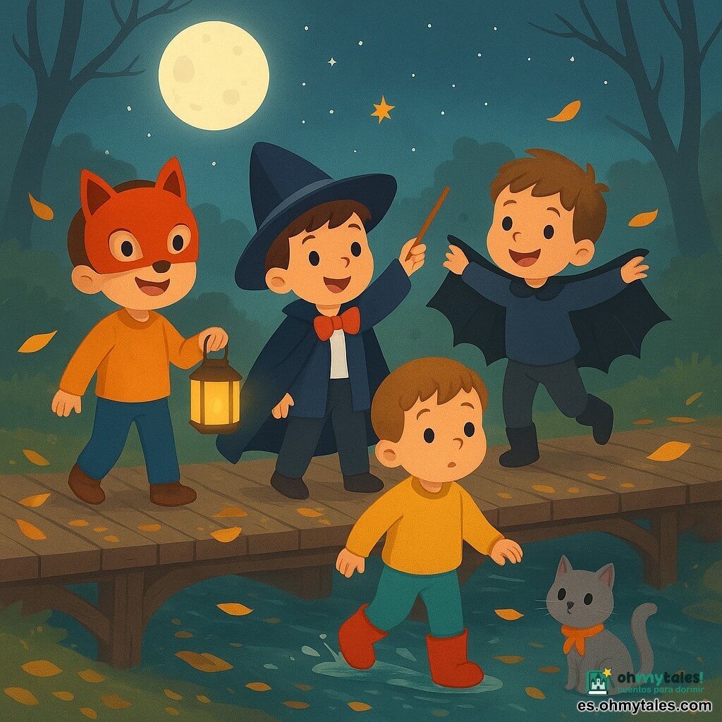 Hay 4 niños: - Un niño llamado Tomás, de 5 años, lleva una brillante máscara de zorro roja y está a la izquierda, sosteniendo una linterna que ilumina su rostro sonriente. - Un niño llamado Bruno, de 5 años, lleva una capa de murciélago negra y está a la derecha, con los brazos extendidos como si estuviera a punto de volar. - Un niño llamado Nico, de 5 años, está en el centro, vestido con un traje de mago con una varita de cartón, apuntando al cielo estrellado. - Un niño llamado Dani, de 5 años, está ligeramente hacia adelante, llevando botas que hacen "plof" y mirando curiosamente a su alrededor. El lugar es un antiguo puente de madera, cubierto de hojas doradas y rodeado de una suave niebla. El puente atraviesa un arroyo que brilla bajo la luz de la luna, con árboles de ramas danzantes a cada lado. La situación principal muestra a los niños cruzando el puente que canta suavemente bajo sus pasos. Las hojas doradas vuelan a su alrededor, y un gato gris con un lazo naranja los observa desde el borde del puente, añadiendo un toque de misterio y magia a la escena.