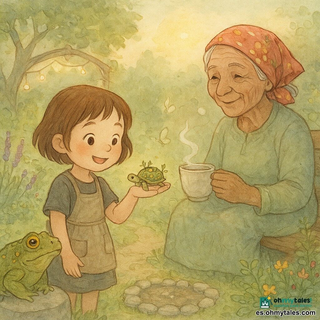 Luna, una aprendiz de bruja de 6 años, sonriente y maravillada, pelo castaño corto, con un pequeño delantal con bolsillos, sostiene con delicadeza una diminuta tortuga de jardín en la palma izquierda; la abuela Nela, de unos 65 años, rostro arrugado y ojos risueños, con un pañuelo floreado, está sentada en un banco de madera a la derecha, mirándola con ternura y sosteniendo una taza de tisana humeante; el viejo sapo sabio, gordo y verde con verrugas doradas, está sobre una piedra junto a una fuente observando la escena; el jardín de la abuela tiene un sendero de tierra, parterres de albahaca, lavanda y flores, un pequeño círculo de piedras mágicas en el centro y guirnaldas de luciérnagas; la tortuga es minúscula, con caparazón cubierto de microplantas y semillas, pequeñas hojas y flores nacientes, brilla levemente y deja caer una semilla al tocar la tierra; escena principal: momento tierno al crepúsculo en que Luna presenta la tortuga al jardín, luz dorada del sol bajo, atmósfera alegre y mágica con movimientos suaves (vapor de la tisana, aleteo de mariposas, microburbujas en la fuente).