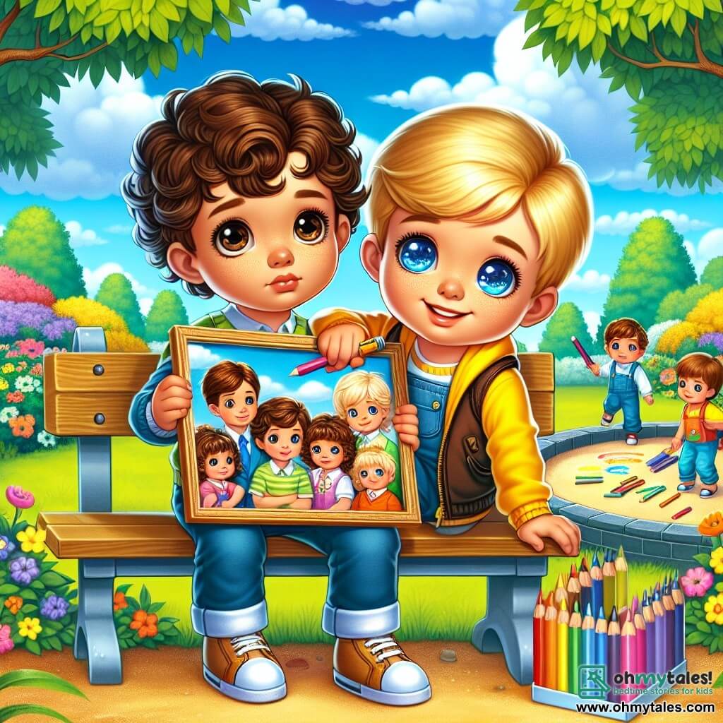 Two six-year-old boys, Leo and Max, are at the center of the image. Leo, with curly brown hair and large brown eyes, is sitting on a park bench, holding a colorful drawing of his family. Next to him, Max, with straight blonde hair and sparkling blue eyes, is standing, smiling and holding a pencil, ready to draw. The park is bright and cheerful, with lush green trees and colorful flowers lining the path. In the background, there is a large sandbox where other children are playing, and a blue sky dotted with fluffy white clouds. The main scene shows Leo and Max discussing Leo's feelings about being separated from his parents. Leo looks thoughtful while Max listens attentively, creating an atmosphere of support and friendship. The two boys are surrounded by colorful drawings they made together, symbolizing their bond and ability to share their emotions.