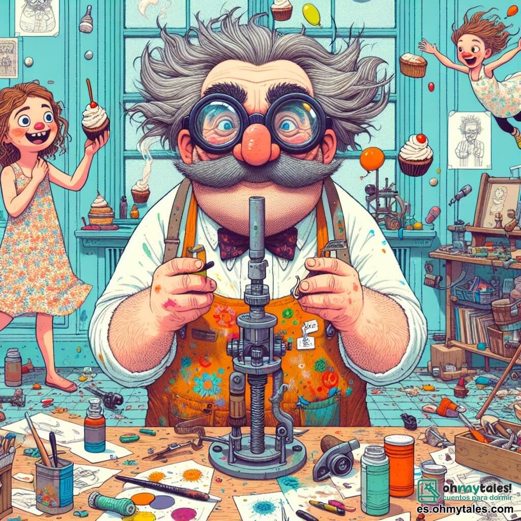 Un hombre, Don Manuel, está en el centro de la imagen, con el cabello alborotado y unas enormes gafas que se deslizan por su nariz. Lleva un delantal colorido, lleno de manchas de pintura, y tiene una gran sonrisa de emoción en su rostro mientras sostiene una boquilla de su invención, el Cazador de Sueños de Comida, que humea ligeramente. A su lado, una niña de aproximadamente 8 años con cabello rizado observa con asombro. Ella lleva un vestido de flores y sostiene un pequeño pastel en sus manos, lista para lanzarlo en la boquilla. Al fondo, un niño de unos 10 años, con un sombrero de paja y gafas de sol, corre tras un pastel volador que escapa de la invención, riendo a carcajadas. El lugar es un taller colorido, lleno de herramientas, bocetos y máquinas extrañas, con paredes pintadas de azul claro y estanterías repletas de libros y juguetes. La situación principal muestra a Don Manuel probando su invención, mientras los pasteles voladores escapan del Cazador de Sueños de Comida, provocando un alegre desorden en el taller, con niños riendo y corriendo tras los dulces.