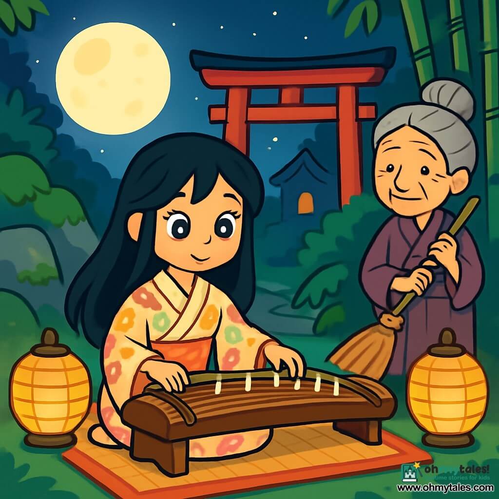 A young woman named Sayo, with long black hair and star-like bright eyes, plays the koto with a look of concentration and gentleness on her face. She wears a light kimono with floral patterns, sitting on a tatami cushion, surrounded by paper lanterns that emit a warm light. Next to her, Old Nana, an elderly woman with gray hair in a bun and wrinkles that tell stories, watches with a kind smile, holding a bamboo broom. She stands slightly back, like a guardian of traditions. The setting is a small Japanese shrine, with a bright red torii at the entrance, moss-covered stones, and bamboo swaying gently in the wind, creating a peaceful and magical atmosphere. The scene shows Sayo playing a soft melody, hoping to attract benevolent spirits to help her find a precious bowl, while the moonlight illuminates the shrine, adding a touch of mystery.