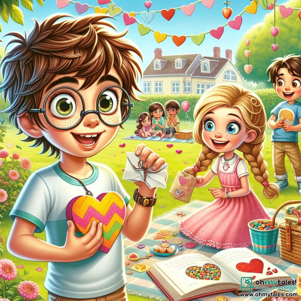 A 12-year-old boy, Max, with messy brown hair and round glasses, shows an expression of excitement and curiosity. He holds a colorful paper heart in one hand and looks around with sparkling eyes. Next to him is an 11-year-old girl, Lucy, with braided blonde hair wearing a pink dress, joyfully smiling while holding a small bag filled with candy. A 12-year-old boy, Jake, with brown hair and a blue t-shirt, leans forward, intrigued by an open book on a table. 

The scene takes place in a sunny park decorated with heart garlands and colorful balloons, featuring blossoming trees and children playing in the background. In the center, a large picnic blanket is spread out on the green grass, surrounded by treats and games. 

The main situation shows Max, Lucy, and Jake engaged in a treasure hunt to uncover the secret of a mysterious Valentine's gift, filled with enthusiasm and friendship, ready to solve the mystery together.