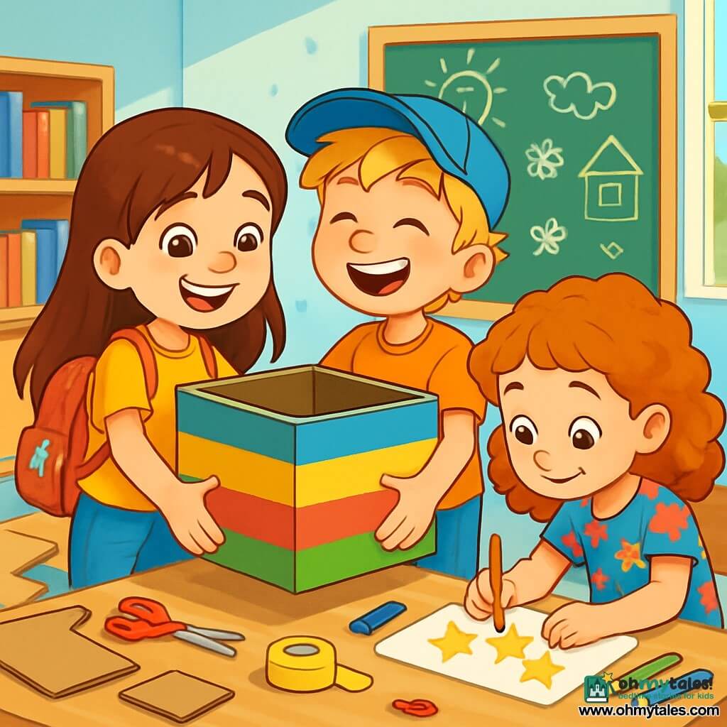 A 6-year-old girl named Maya, with long brown hair and sparkling eyes, joyfully smiles while holding a large colorful cardboard. She wears a bright yellow t-shirt and denim pants, and has a small red backpack with a silver star. Next to her, a 6-year-old boy named Ben, with messy blonde hair and a blue cap, helps her hold the cardboard while laughing. Another girl, Layla, also 6 years old, with curly hair and a floral dress, leans over a table, drawing stars with colored pencils. The scene takes place in a bright classroom with light blue walls, shelves filled with colorful books, and windows letting in sunlight. In the center of the room, a large blackboard is covered with children's drawings. Maya and her friends are building a sharing box, surrounded by pieces of cardboard, scissors, and rolls of tape, while laughing and encouraging each other. The atmosphere is joyful and creative, filled with energy and camaraderie.