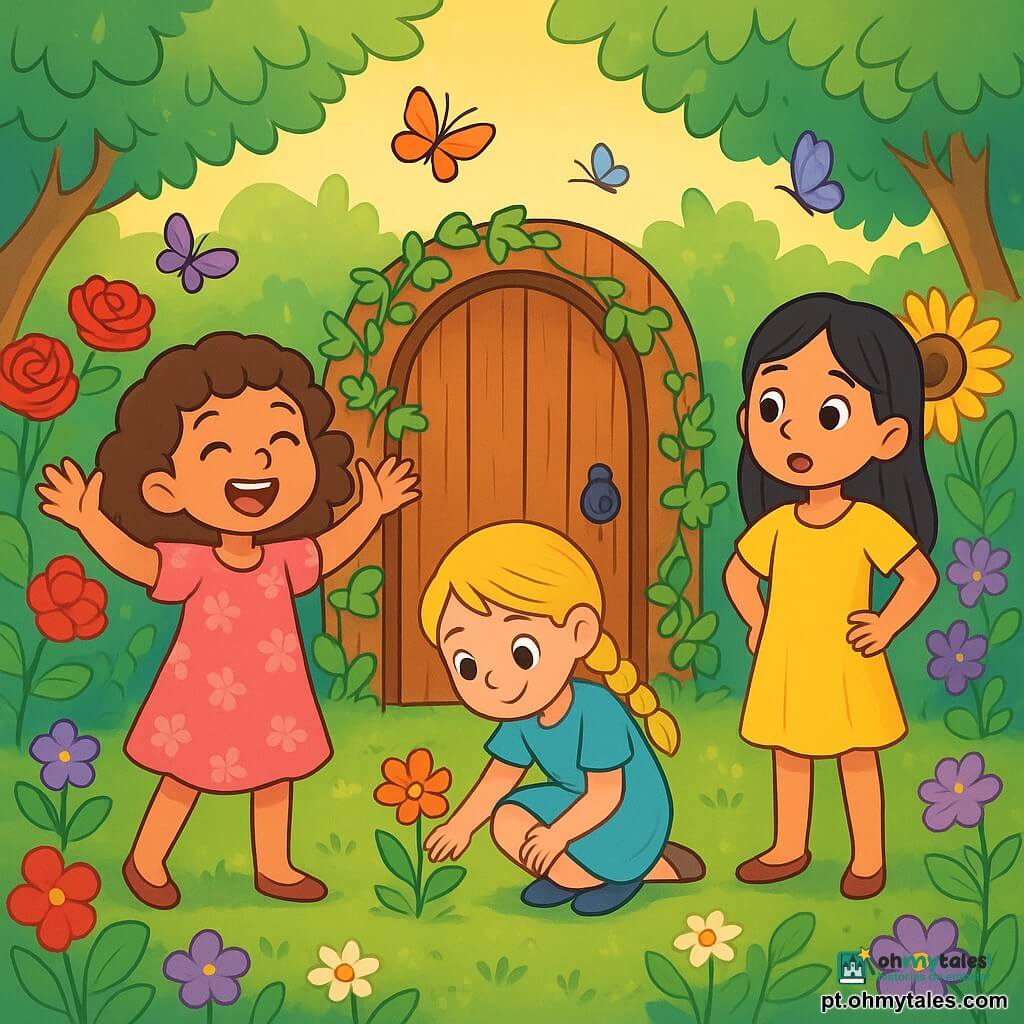 Há 3 personagens: Clara, uma menina de 5 anos com cabelos cacheados castanhos, vestindo um vestido rosa com flores, rindo com os braços levantados em frente à porta de madeira do jardim secreto; Luna, uma menina de 5 anos com cabelos loiros trançados, vestida com uma túnica azul, agachada examinando uma pequena flor colorida perto da porta; e Estrela, uma menina de 5 anos com cabelos lisos pretos, vestida com um vestido amarelo, em pé com as mãos na cintura, olhando maravilhada para o jardim. O local é um jardim secreto encantador, repleto de flores vibrantes como rosas vermelhas, girassóis amarelos e violetas delicadas, com raios de sol filtrando através das folhas das árvores. As três meninas estão descobrindo a porta do jardim secreto, com expressões de surpresa e alegria, cercadas por flores e borboletas coloridas, criando uma atmosfera de sonho e aventura.