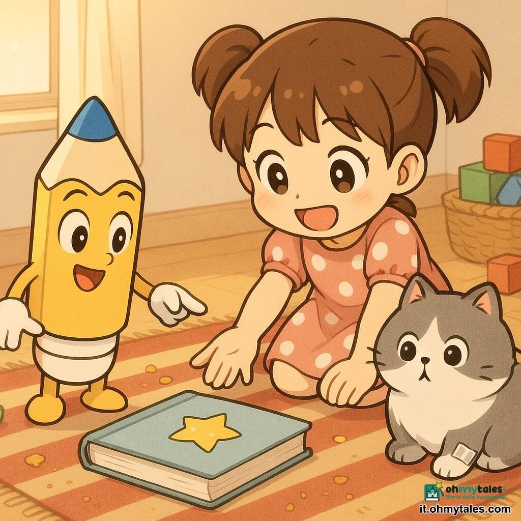 Penny, una piccola mina di matita gialla antropomorfica, guarda meravigliata e sorridente; porta un piccolo cappello blu e una gomma bianca sorridente e indica dolcemente un libro sul pavimento. Mia, una bambina di 5 anni con capelli castani a treccine, è accovacciata con un largo sorriso sollevato e la mano tesa verso il libro, indossa un vestito rosa a pois bianchi. Puf, un gatto tondeggiante e soffice grigio e bianco, ha gli occhi curiosi ed è seduto accanto a Mia con un pezzetto di nastro argentato attaccato alla zampa. Il libro è su un tappeto a righe rosse e beige; intorno ci sono un cesto di giocattoli e alcuni cubi. Scena principale: la gioiosa scoperta di un piccolo adesivo a forma di stella sulla copertina del libro, illuminata da una luce soffusa di finestra, atmosfera calda e giocosa, composizione chiara con i personaggi in primo piano.