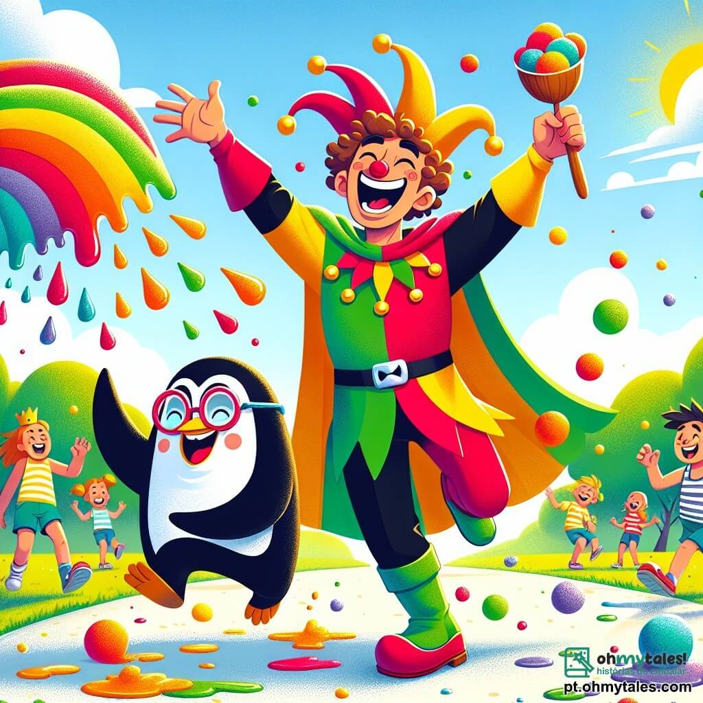 Zé Risadinha é um homem alegre, com um grande sorriso e cabelos cacheados castanhos. Ele usa uma capa colorida, vermelha e amarela, e botas verdes. Ele dança entusiasticamente, levantando os braços, cercado por nuvens de sorvete colorido que voam ao seu redor, mostrando sua felicidade contagiante. Maluco Pinguim, um homem de rosto redondo e óculos redondos, tem cerca de 30 anos. Ele veste um traje de pinguim preto e branco com uma gravata borboleta vermelha. Ele está ao lado de Zé Risadinha, rindo e tentando dançar enquanto segura uma grande colher de pau, pronto para misturar o sorvete. O local é um parque ensolarado, cheio de árvores verdes e flores coloridas. Crianças brincam ao redor, rindo e correndo, enquanto pedaços de sorvete multicoloridos caem do céu, criando uma atmosfera festiva e alegre. A cena principal mostra Zé Risadinha e Maluco Pinguim dançando de forma hilária para acalmar uma máquina de sorvete que acabou de explodir, enquanto as crianças ao redor se divertem tentando pegar os pedaços de sorvete que voam pelo ar.