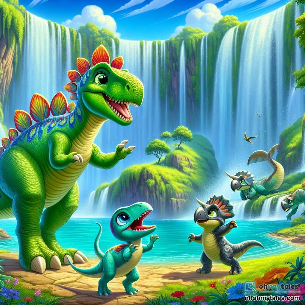 Op de voorgrond staat een stegosaurus genaamd Stella, met een stralende groene huid en kleurrijke rugplaten die glanzen in de zon. Ze staat op haar achterpoten en heft een voorpoot om haar vrienden te groeten. Naast haar springt een velociraptor genaamd Vicky, met felblauw verenkleed en twinkelende ogen, van blijdschap, terwijl ze naar Stella kijkt met een grote glimlach. Iets verderop staat een robuuste triceratops genaamd Theo, met imposante hoorns, trots te kijken naar de scène. De achtergrond is bij de prachtige Waterval van Licht, waar het water schittert als diamanten in een turquoise bassin, omringd door kleurrijke bloemen en grote groene varens. De hoofdscène toont Stella en haar vrienden die hun overwinning vieren nadat ze een in nood verkerende brontosaurus hebben geholpen, omringd door andere dinosaurussen die hen applaudisseren en vrolijk om hen heen dansen.