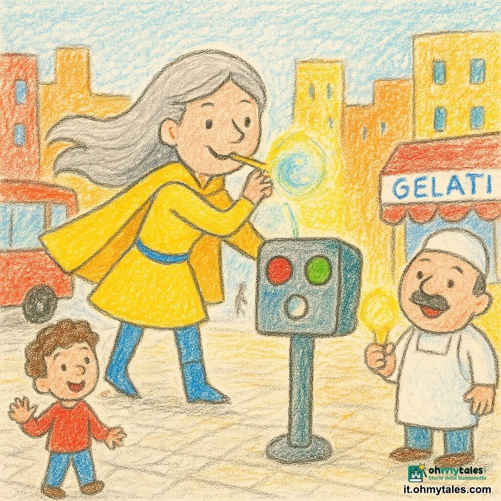 Una supereroina sorridente e gioiosa, capelli lunghi argento, mantello giallo vivo e stivaletti blu, al centro in movimento con espressione benevola e concentrata soffia delicatamente in una piccola cannucce luminosa davanti a un robot-semaforo quadrato in primo piano che, con occhi-luce lampeggianti rosso, verde e blu, emette bolle di sapone luminose; a sinistra un bimbo di circa 5 anni dai capelli castani e ricci guarda sbalordito salutando vicino a un autobus rosso; a destra un gelataio rotondo e ridente di circa 40 anni, pelle chiara e baffi, tiene un cono di gelato luminoso davanti a una piccola gelateria; strada cittadina con grandi edifici colorati, marciapiedi dettagliati, passanti stilizzati, pavé e cielo azzurro; situazione comica, colori vivaci, tratti morbidi, texture matita e acquerello leggero.