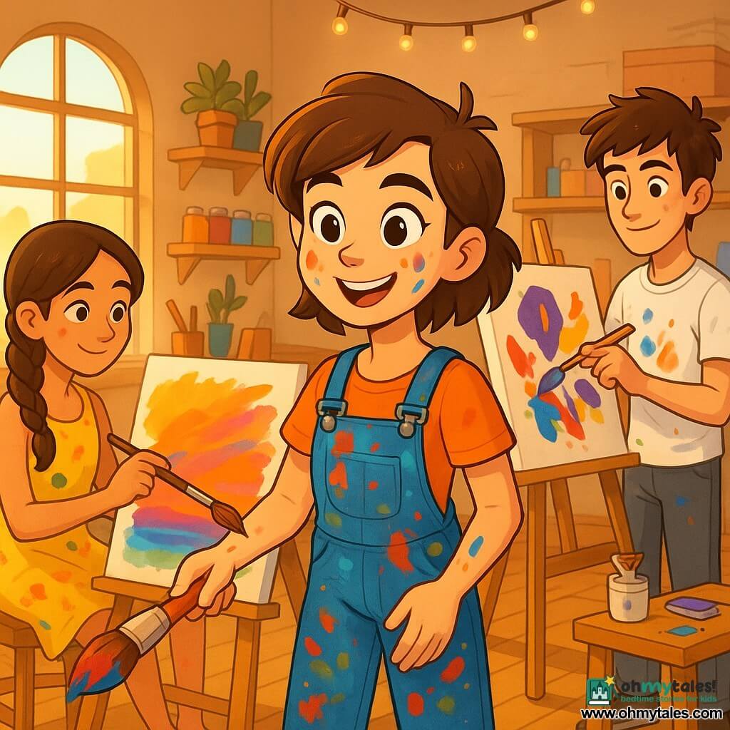 Lily, about 22, smiling and inspired, short brown hair with a rebellious strand, paint-smudged face and brightly stained denim overalls, holds a large brush loaded with red and blue paint in front of a big canvas where she paints colorful birds; Mia, about 21, with long braided hair and a paint-stained yellow dress, sits left painting a sunset with broad orange and magenta strokes; Max, about 19, tousled hair, white T-shirt and gray pants, stands right experimenting with abstract shapes using palette knives at a small easel; they work together in a bright studio with wooden floors, a large arched window with golden light, shelves of paint jars and brushes, stacked canvases, hanging string lights and a few potted flowers, laughing as paint splashes, rich saturated colors, thick paint textures, medium-shot composition with warm light highlighting joyful expressions.