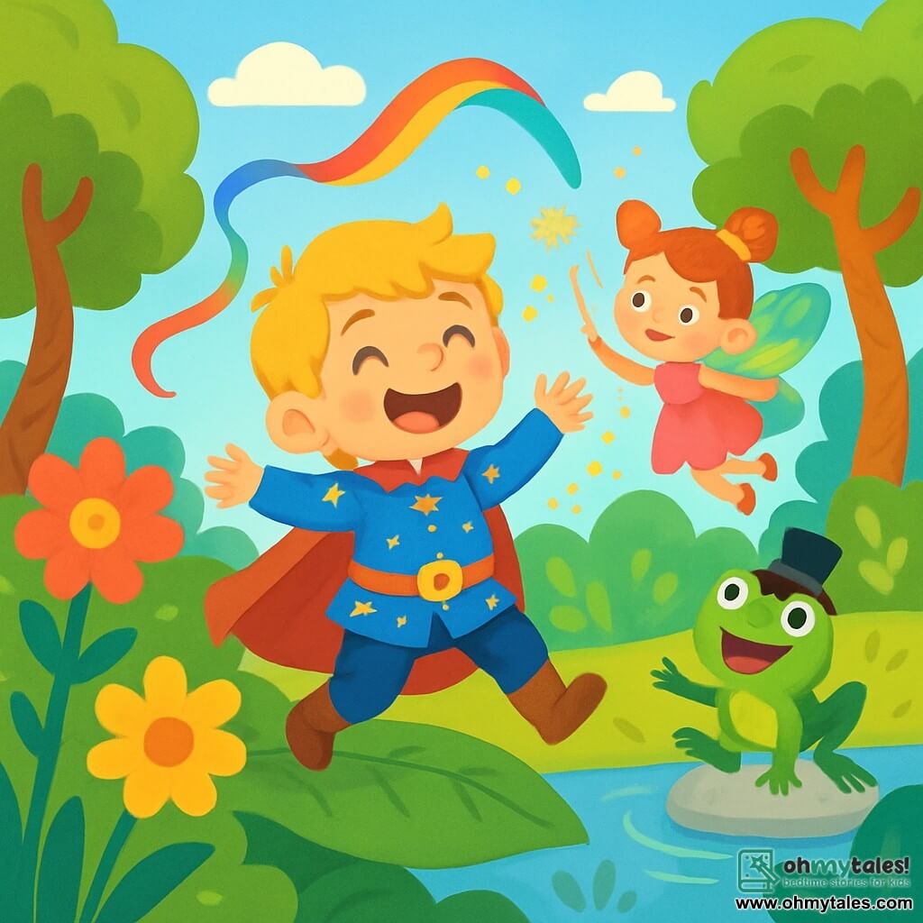 A young prince with golden hair and sparkling eyes, wearing a blue tunic adorned with shimmering stars, dances on a large green leaf, laughing heartily. Beside him, a small fairy with bright, colorful wings, around 5 years old, twirls in the air, scattering golden glitter around them. Nearby, a frog in a top hat, with a mischievous smile, happily jumps on a stone by a sparkling pond. The setting is an enchanted kingdom, with spiraled tree trunks, giant brightly colored flowers, and a blue sky dotted with fluffy clouds. In the center of this magical scene, the prince and his friends chase a colorful ribbon dancing in the wind, creating an atmosphere of joy and laughter.