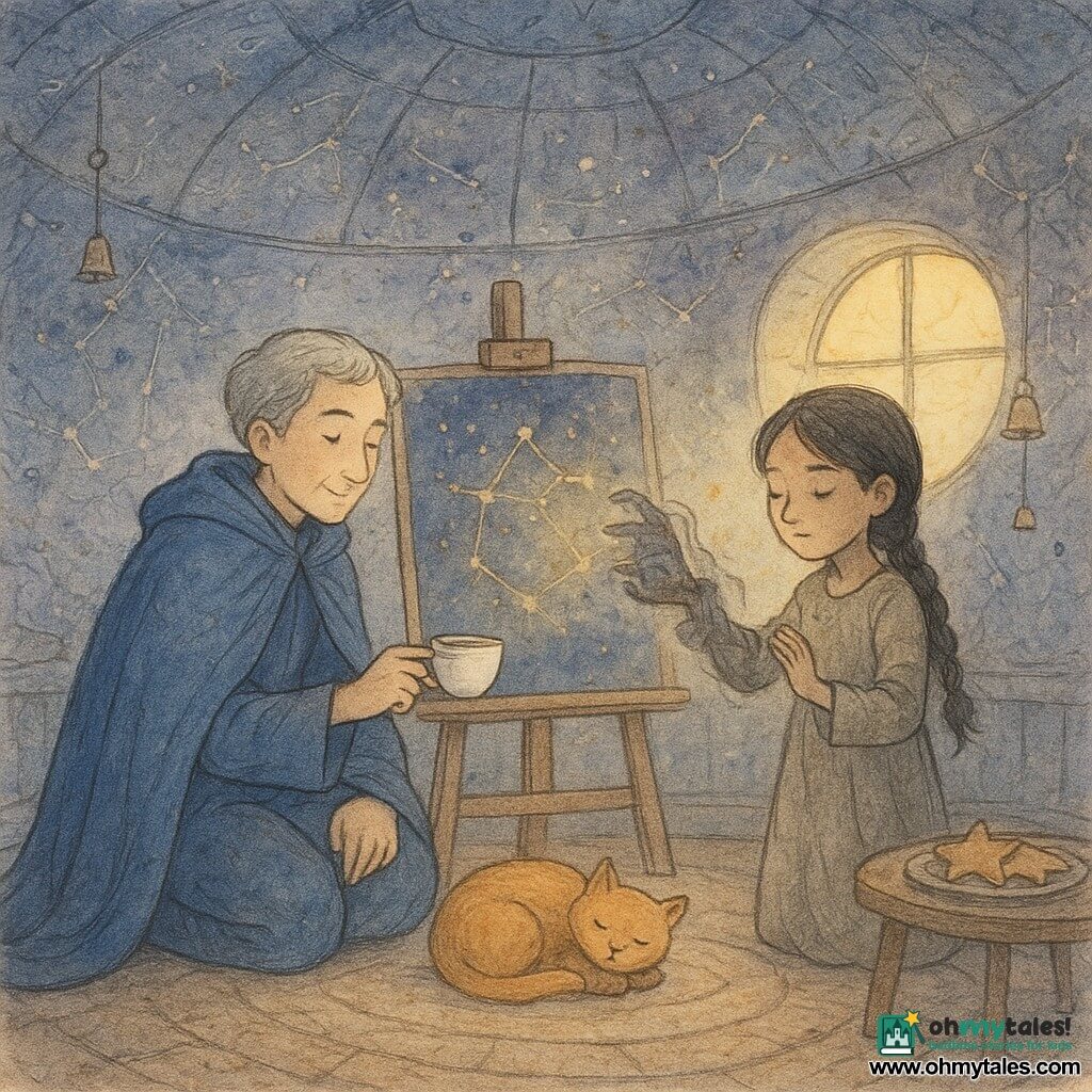 An elderly male sorcerer named Lin with a gentle face and short gray hair kneels before a large star map on an easel, wearing a flowing blue cloak and offering a cup of tea with a calm, reassuring expression; to his right Mira, a 10-year-old apprentice girl with braided black hair and fair skin, places a shadowy, scarf-like hand on the map, eyes closed and both curious and brave; a round ginger cat purrs on the worn wooden circular floor; the round cartography room has walls and ceiling covered in shimmering ink maps with silver-lined constellations and blue-violet ink spots, hanging bell garlands, a wooden easel and a low table with star-shaped cookies; Lin and Mira soothe angry magic as electric ink calms, constellations shift from stormy blue to soft gold, tiny sparks and ink dust rise like fireflies in warm golden light from a round window.