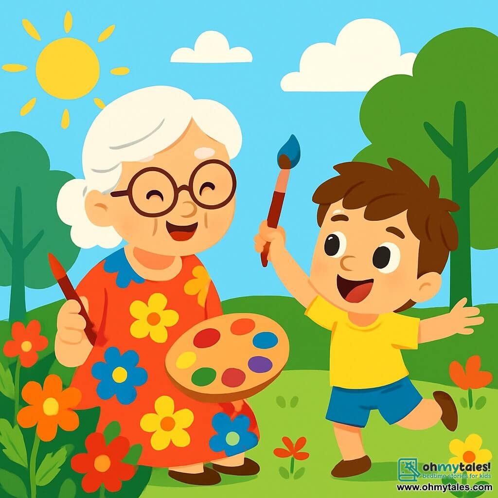 An elderly woman, Miss Lily, smiling and cheerful, is sitting in her sunny garden. She has silver hair, round glasses, and wears a bright floral dress. She holds a red brush in one hand and a colorful paint palette in the other, surrounded by vibrant flowers. Next to her, a little boy named Tommy, 6 years old, with messy brown hair and sparkling curious eyes, joyfully dances. He is wearing a yellow t-shirt and blue shorts, holding a colorful brush, ready to paint. The garden is filled with multicolored flowers, tall green trees, and a clear blue sky, creating a joyful and inspiring atmosphere. The scene shows Miss Lily sharing her passion for art with Tommy, who is having fun painting and dancing, illustrating the magic and joy of creativity.