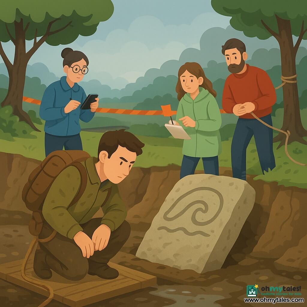 An explorer man with a calm, determined face, short brown hair, a dirt-stained khaki jacket, heavy backpack and rope at his waist crouches on a plank platform at the edge of a collapse, examining a large stone slab carved with a wave symbol; to his left a female geologist in her mid-30s with hair in a bun, round glasses and a blue jacket stands by a root mat taking photos and notes; a 16-year-old female assistant with long chestnut hair and a light green raincoat holds small orange flags and sketches on a clipboard near a tree; a logistics man in his 30s with a short beard and red sweater secures a rope to a sturdy tree and monitors ground stability from the background right. The site is a high river terrace with layered sediment walls, wet gravel, a mud pool and a collapse revealing a formerly sealed slab, alders at the edge, orange hazard tape fluttering and a heavy-clouded misty morning. The team cautiously protects and documents the exposed ancient stone "lid": measured movements, field gear (planks, ropes, flags, notebook), a tense but respectful atmosphere, soft light and sharp contrasts highlighting the textures of stone, mud and clothing.