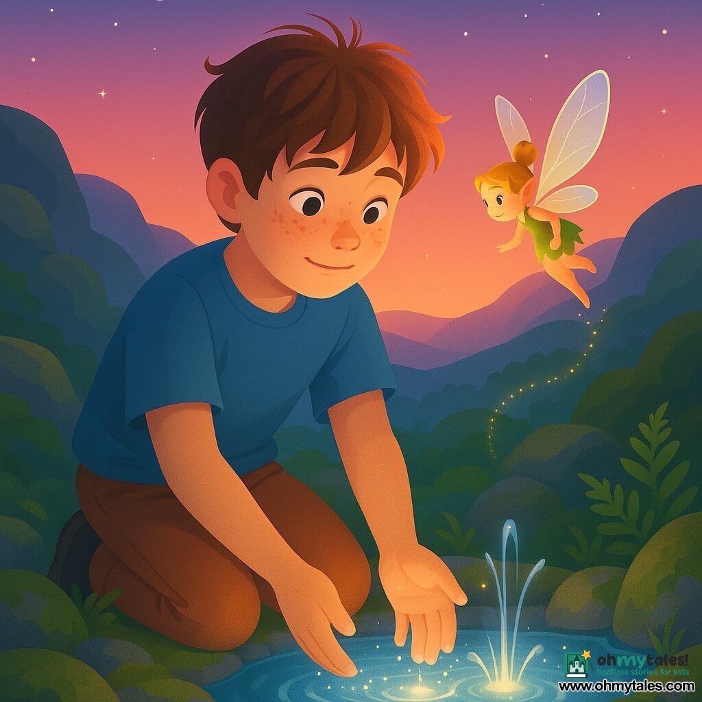 A young boy of about 12 with a round freckled face and tousled brown hair kneels with his hands in a sparkling clear spring; a tiny glowing woodland fairy with iridescent translucent wings floats at his shoulder, looking mischievous and trailing gold dust; on a rocky valley-top at dusk—mossy rocks, bright green ferns, small crystal jets from a round cavity, a pink‑orange sky with early stars—the boy discovers the source of the Zora stream at sunset in a calm, magical moment with light reflecting on the water and a peaceful atmosphere.