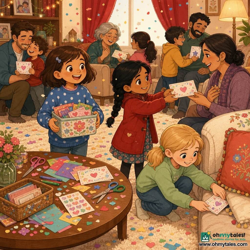 Three 7-year-old girls—Mia with bobbed brown hair in a blue polka-dot sweater holding a floral tin, Noor with braided black hair in a red coat offering a decorated coupon, and Ellie with blonde pigtails in a light green sweatshirt crouching by a small round wooden table to slip a coupon under a cushion—are in a warm, festive living room with a cream rug, red curtains, a decorated sofa and a table of scissors, colored papers and stickers; they hand out handmade New Year’s “good-for” coupons and boxes to adults and children nearby as confetti drifts down, creating a cozy, light-filled atmosphere.