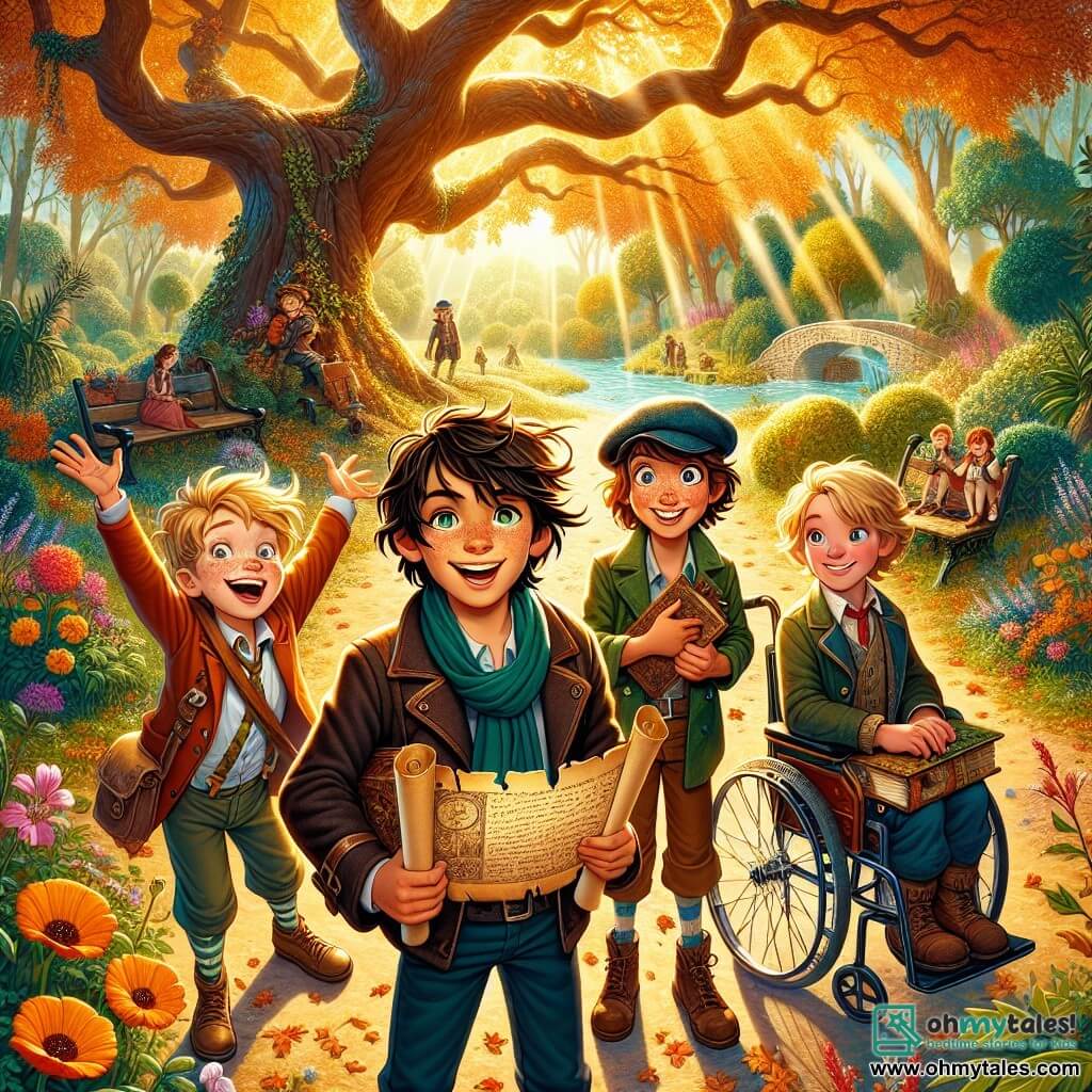 In an enchanted park, four little adventurers gather under a large oak with golden leaves. Max, a 10-year-old boy with messy brown hair and sparkling eyes, holds an old parchment in his hands, wearing a big smile. Next to him, Leo, a 9-year-old boy with blonde hair and round glasses, points excitedly at a mysterious path. Sam, an 8-year-old boy with brown hair and freckles, joyfully dances with his arms raised, while Ethan, a 10-year-old boy in a wheelchair, proudly smiles, holding a notebook filled with notes and drawings. The park is filled with colorful flowers swaying in the wind, majestic trees, and sunlight filtering through the branches, creating a magical atmosphere. In the distance, a small stream sparkles, adding a refreshing touch to the enchanting landscape. The four friends are on a quest to discover hidden treasure, surrounded by an atmosphere of adventure and camaraderie, ready to solve puzzles and explore the wonders ahead.