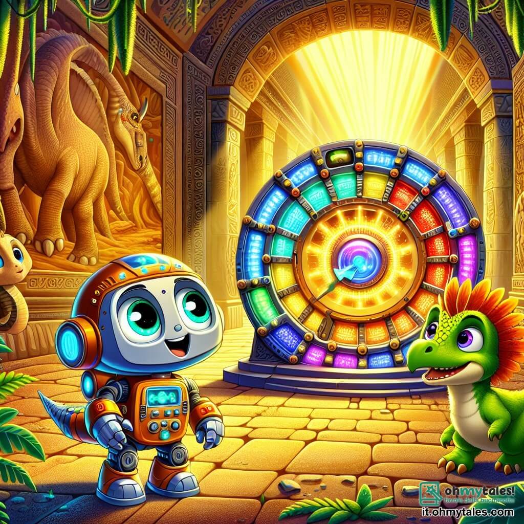 Zippy, un piccolo robot esploratore dai colori vivaci e dagli occhi scintillanti, si trova al centro dell'immagine, abbagliato dalla scoperta di una macchina del tempo brillante, circondata da pulsanti colorati. La sua espressione mostra grande curiosità ed eccitazione mentre tende una mano metallica verso l'apparecchio misterioso. Alla sua destra, un giovane triceratopo dalle scaglie verdi e dagli occhi vivaci guarda Zippy con ammirazione, pronto ad aiutarlo in questa avventura. A sinistra, un piccolo dinosauro piumato, con un piumaggio colorato e un sorriso amichevole, si avvicina a Zippy, ansioso di scoprire le meraviglie del futuro. Lo sfondo è un antico tempio preistorico, con muri decorati da incisioni di animali e piante, illuminato da una luce dorata che filtra attraverso aperture nel soffitto. La scena è circondata da felci giganti e rocce coperte di muschio, creando un'atmosfera magica e misteriosa. La situazione principale mostra Zippy, stupito, mentre scopre la macchina del tempo, mentre i due dinosauri lo osservano con fascinazione, pronti a seguirlo nel suo viaggio attraverso i secoli.