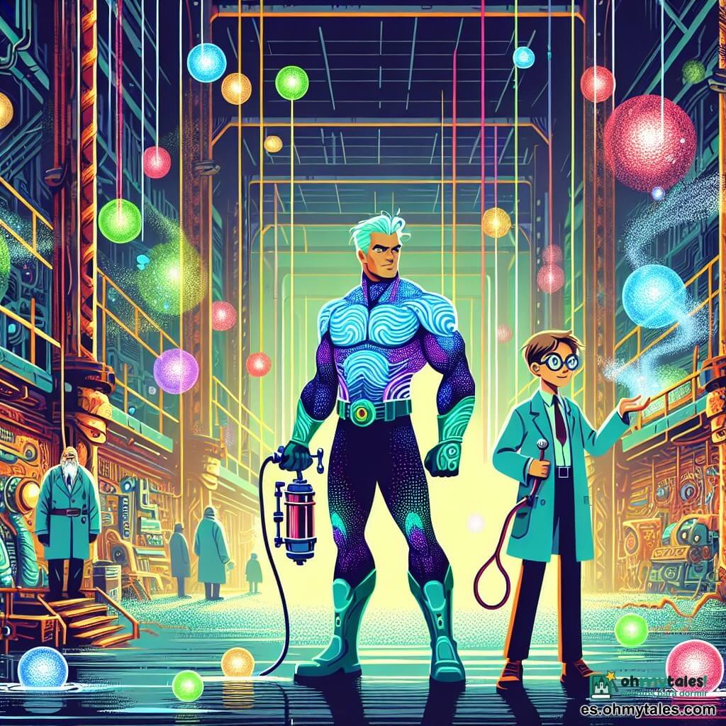 AquaManuel, un hombre musculoso con cabello azul-verde, se encuentra en el centro de un misterioso hangar, mostrando una determinación brillante. Lleva un traje de superhéroe brillante, decorado con patrones de olas, y sostiene un compresor de aire en una mano, listo para actuar. A su lado, Lila, una niña de diez años con trenzas castañas y ojos brillantes, observa con una sonrisa confiada, sosteniendo una válvula de agua que acaba de abrir. El hangar es vasto y desordenado, lleno de globos de colores flotando, cables eléctricos en el suelo y luz filtrándose a través de ventanas polvorientas. Al fondo, extrañas máquinas zumban, creando una atmósfera intrigante y caótica. La situación principal muestra a AquaManuel y Lila uniendo fuerzas para neutralizar globos gigantes que amenazan con escapar, mientras el profesor Viento, un hombre mayor con gafas redondas y expresión sorprendida, observa, dándose cuenta de que ha subestimado el poder de la amistad y la creatividad.