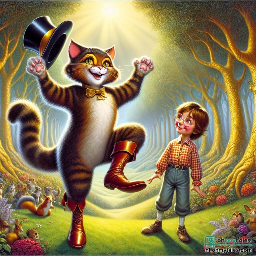 De Gelaarsde Kat, een elegante kat met een zijdezachte vacht en glanzende laarzen, staat op een groene heuvel, met sprankelende ogen van opwinding en een brede glimlach op zijn gezicht. Hij danst vrolijk, met zijn pootjes in de lucht, terwijl een zachte bries zijn hoge hoed laat wapperen. Naast hem kijkt Pierre, een tienjarig jongetje met rommelig bruin haar en ronde bril, bewonderend naar de Gelaarsde Kat. Hij draagt een geruit shirt en een stoffen broek en is van plan om met hem te dansen, met opgetrokken armen, klaar om plezier te maken. Op de achtergrond strekt het Gouden Woud zich majestueus uit, met bomen met gouden stammen en glinsterende bladeren, badend in een gouden licht. Kleurrijke bloemen en nieuwsgierige dieren, zoals eekhoorns en vogels, voegen een vleugje magie toe aan dit betoverende landschap. De hoofdscene toont de Gelaarsde Kat en Pierre in een moment van vreugde en vriendschap, terwijl ze hun avontuur samen vieren en dansen onder de zonnige lucht, omringd door de schoonheid van het Gouden Woud.